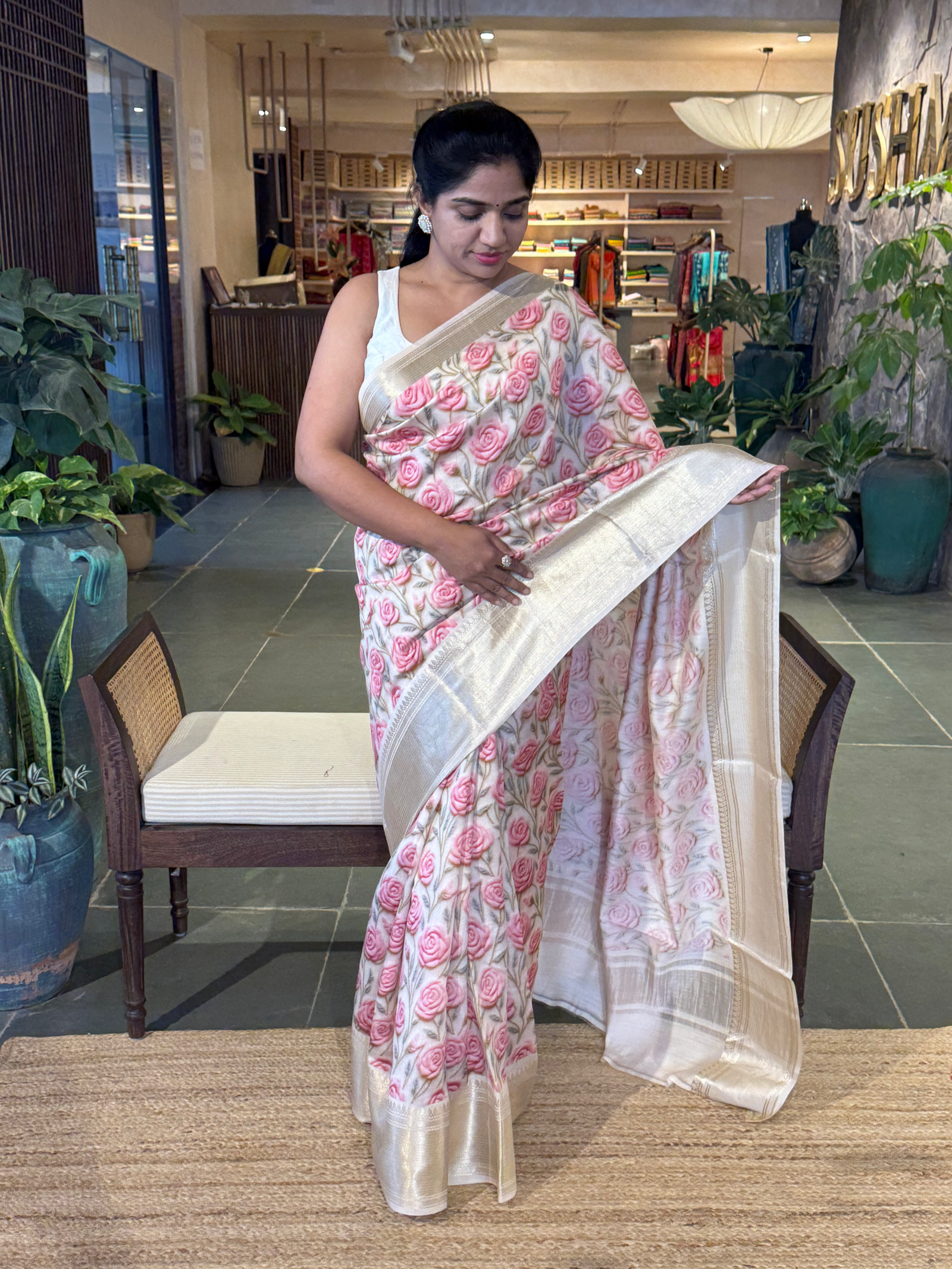 Banarasi Chiniya Silk Sarees with beautiful embroidery style 3D floral Print