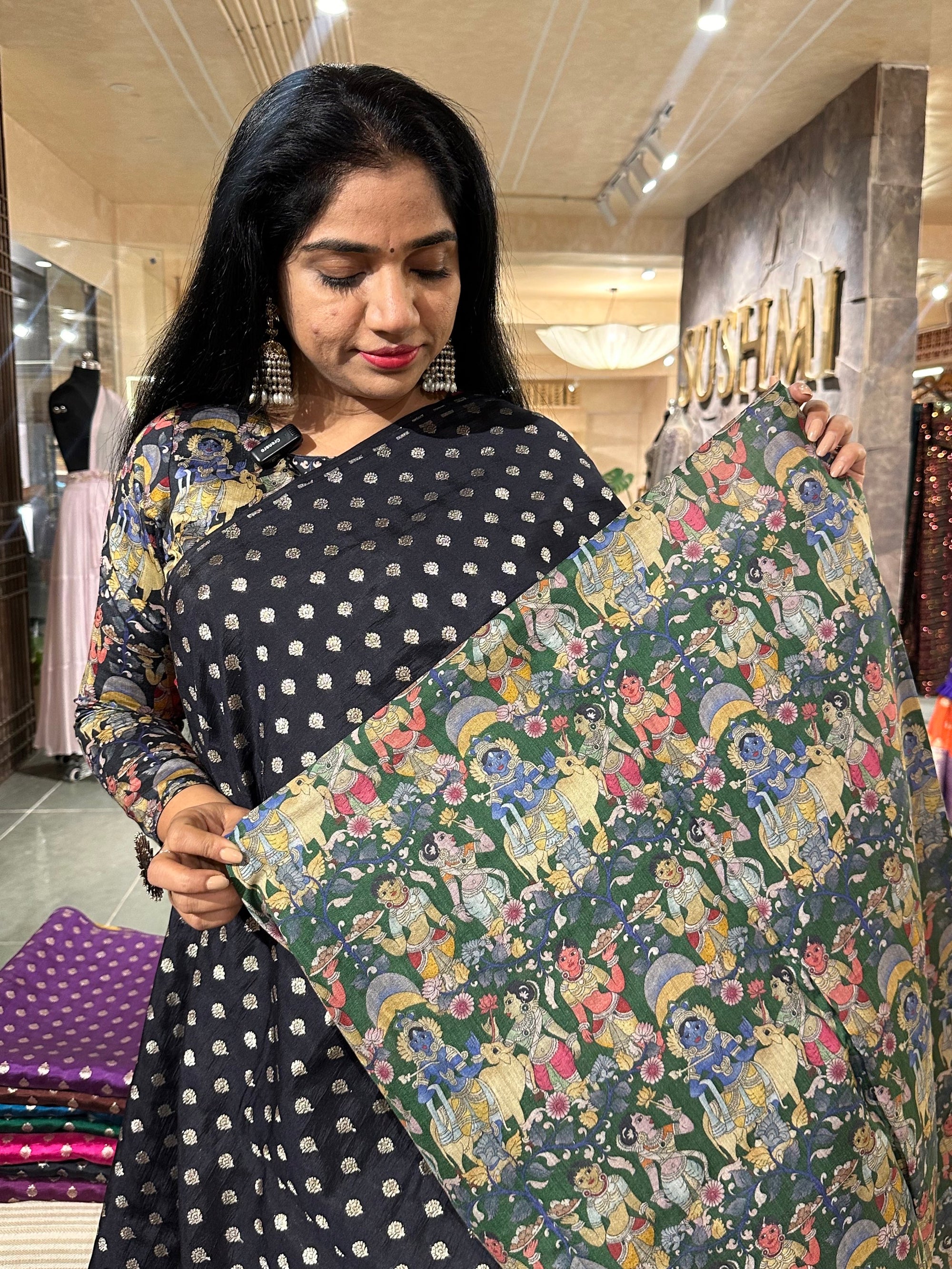 Banarasi chinia silk with krishna theme pallu-Black and emerald Green