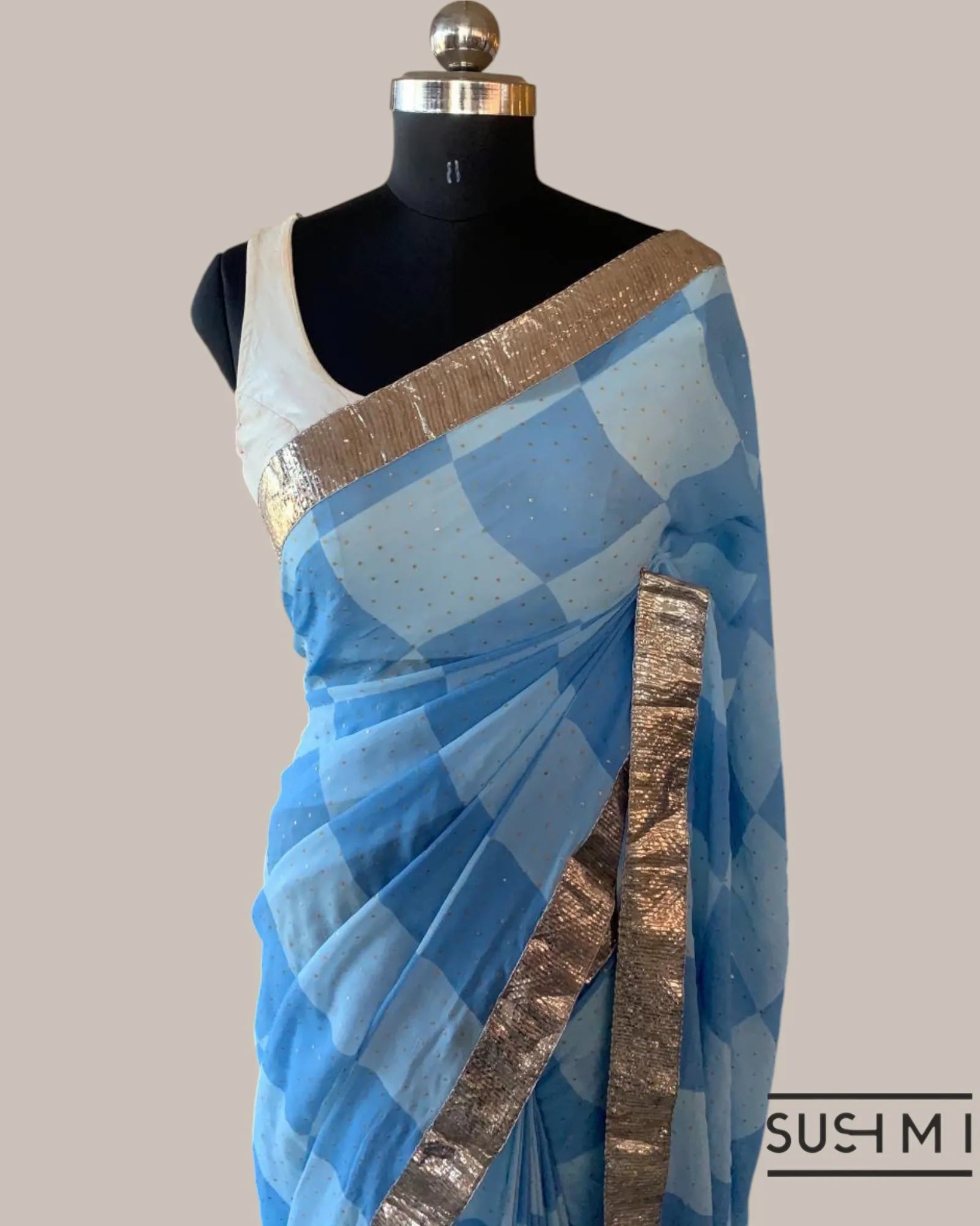 Pure Gorgette Saree in Checks Pattern , Allover Seuence & Hemlined Wth Gota lace