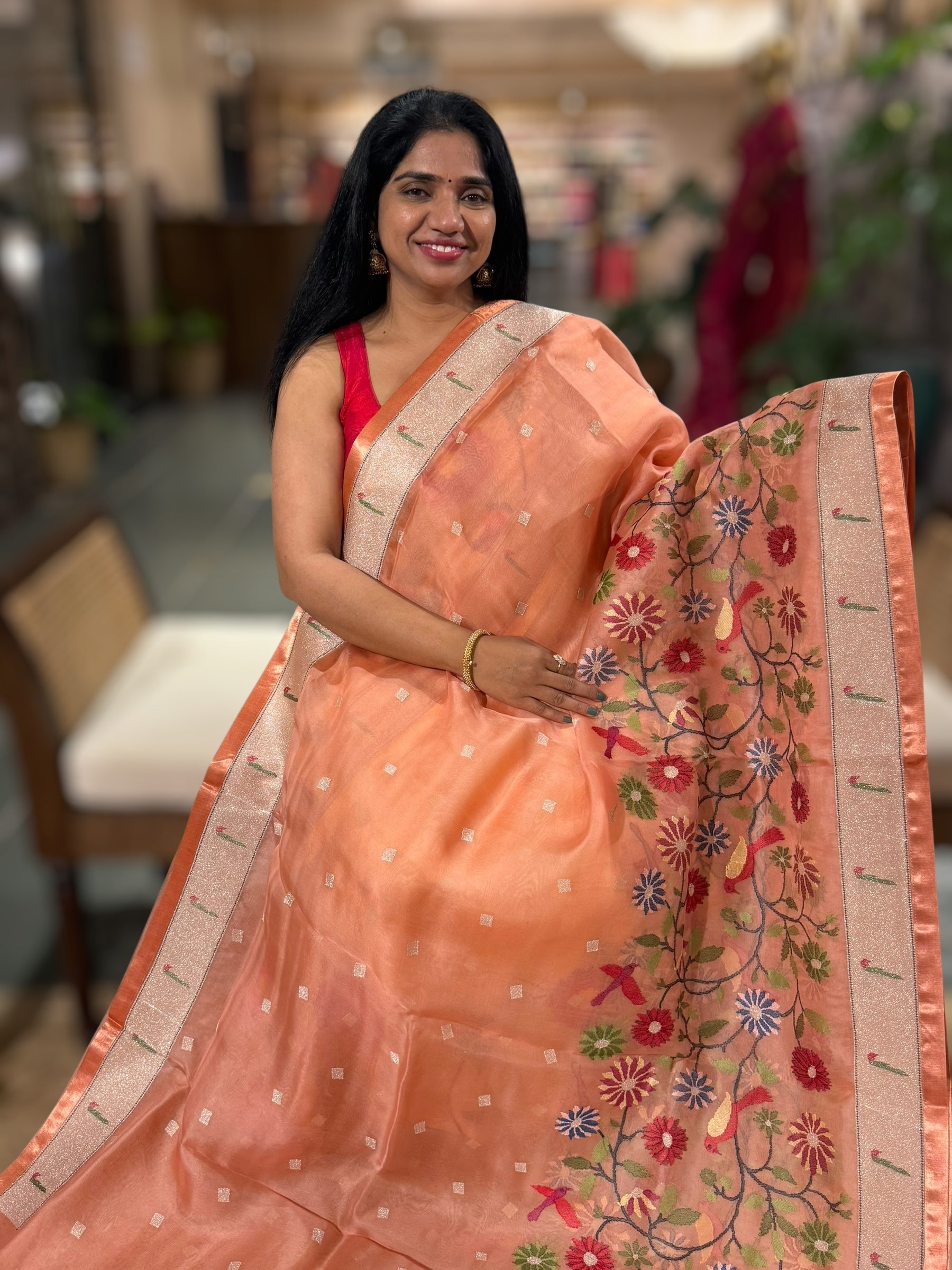 Peach Organza Silk Saree With Jamdani Inspired Embroidery