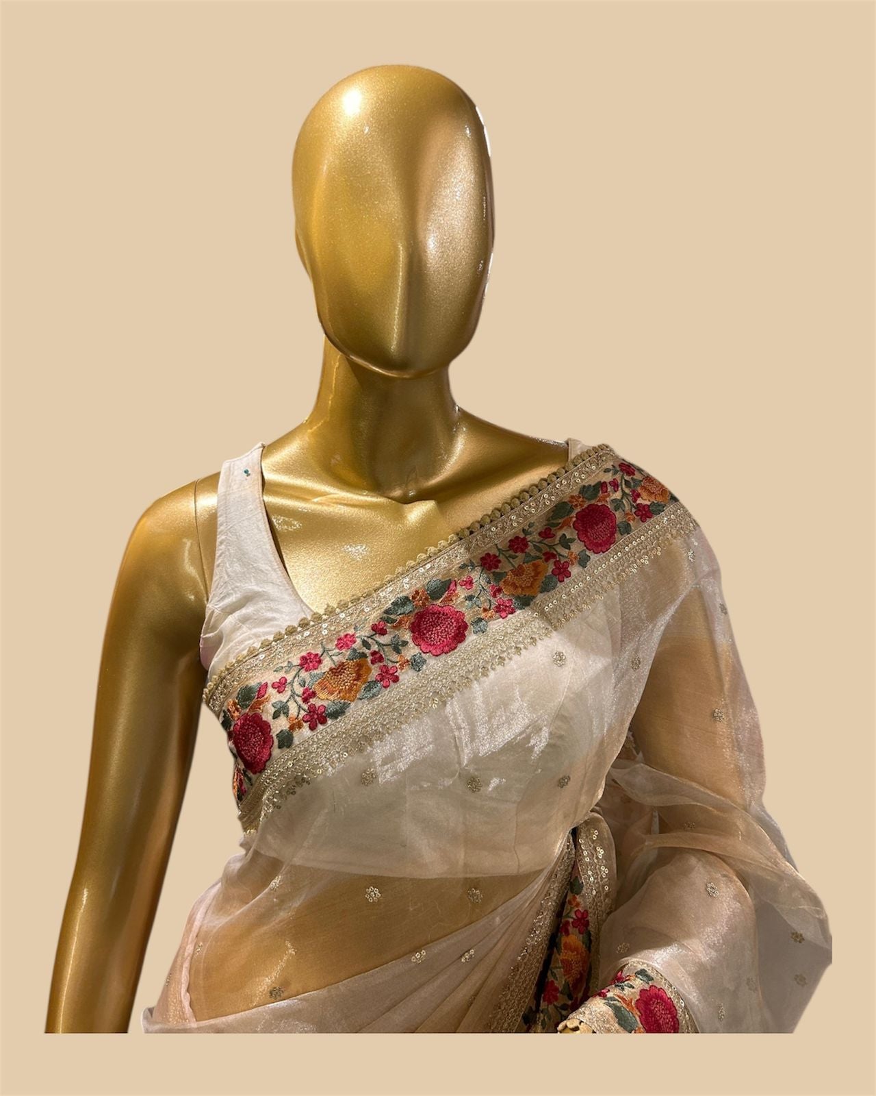 Pure Tissue Saree with silver and golden zari wide stripes & Embroidered Borders