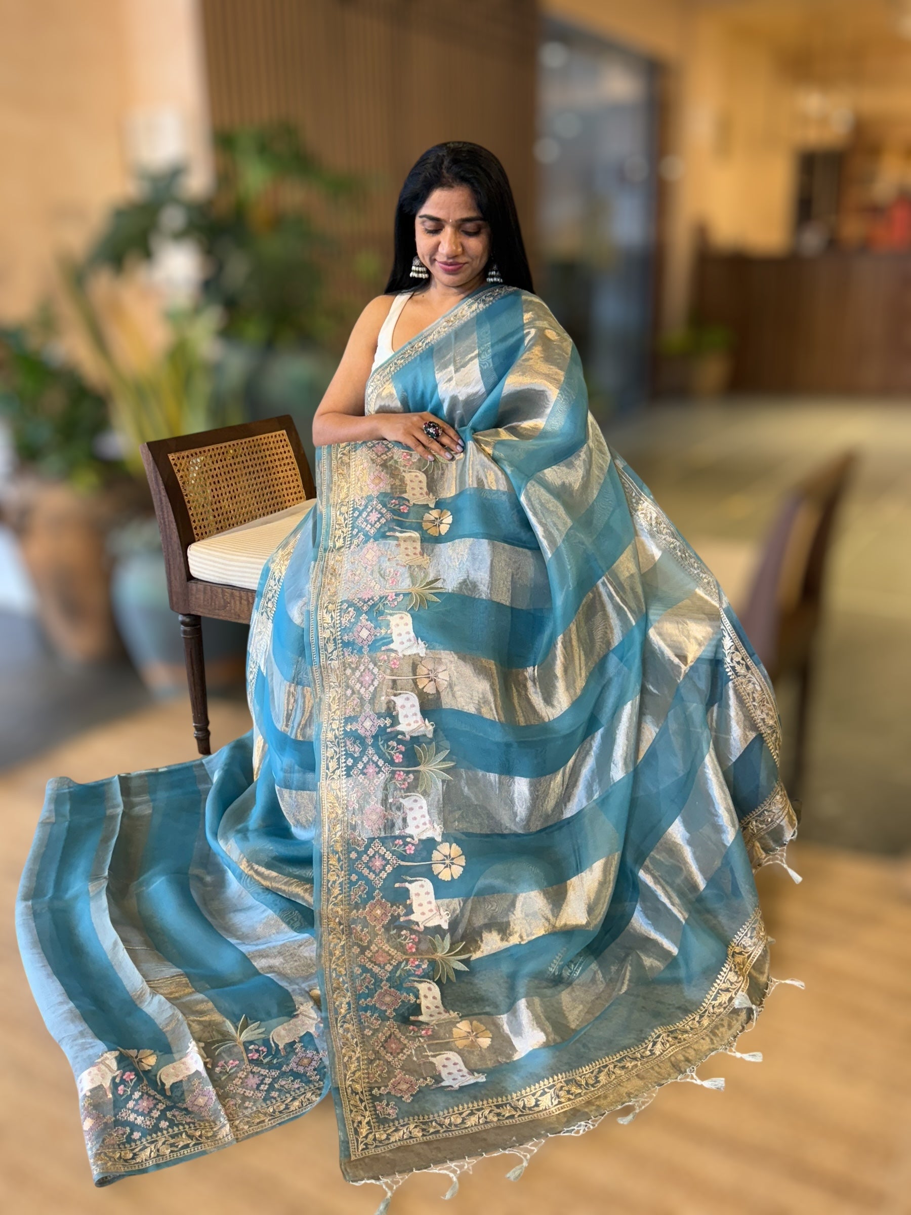 Blue Stripes Saree With Jamdani  & Pichwai embroidered Border