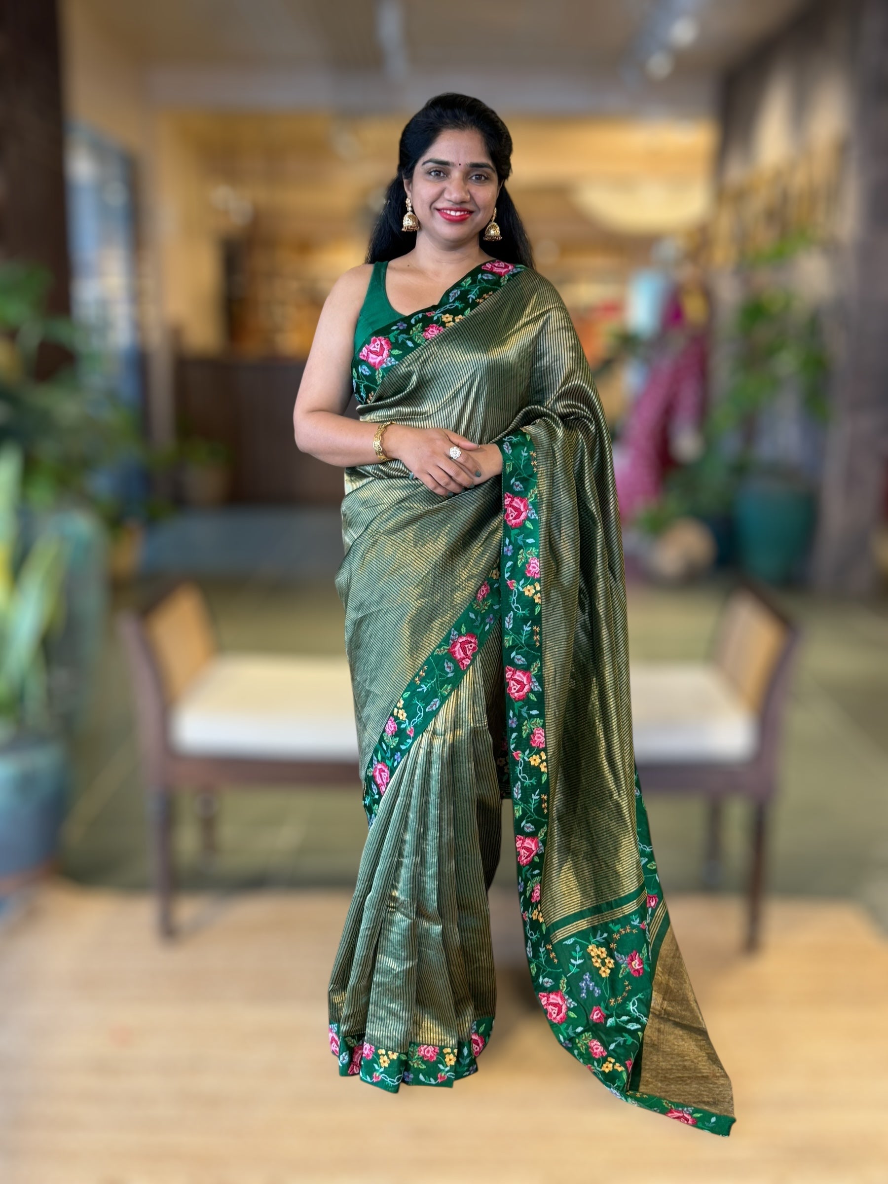 BottleGreen Tissue Stripes Saree wth Petite Point Embroidered Border Pallu & BP