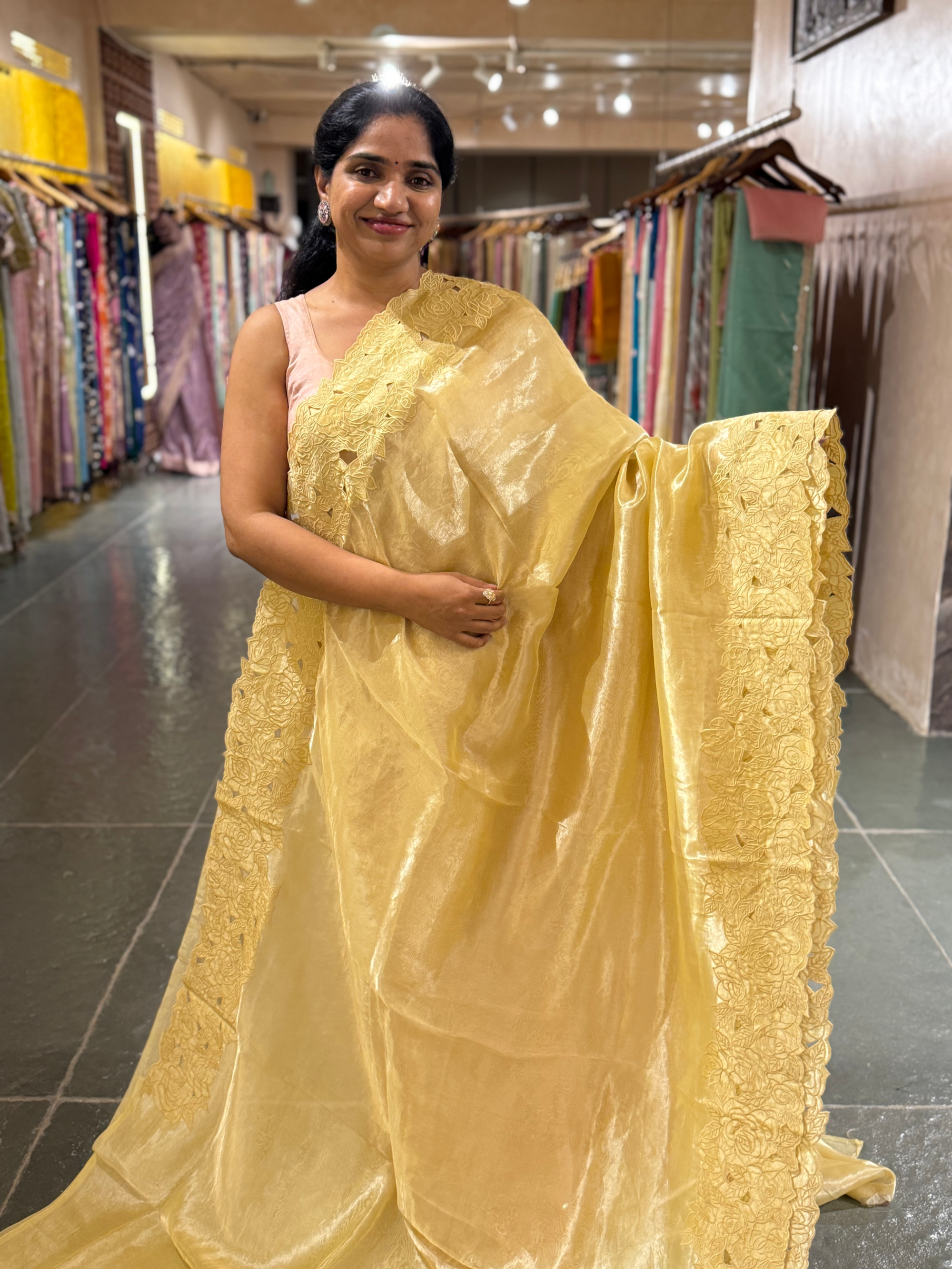 Pastel Yellow Pure Handloom Tissue Saree With Rose Cutwork Borders