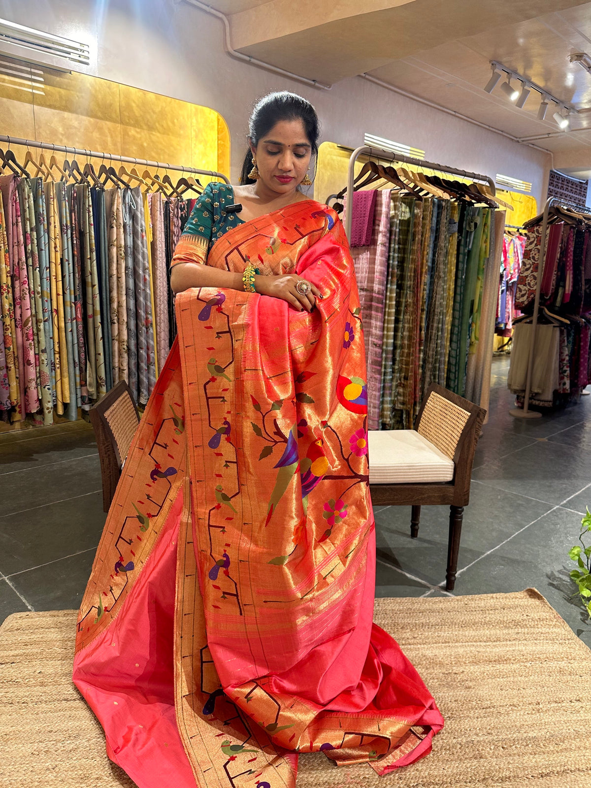 Carrot Color pure handloom paithani with parrot peacock border
