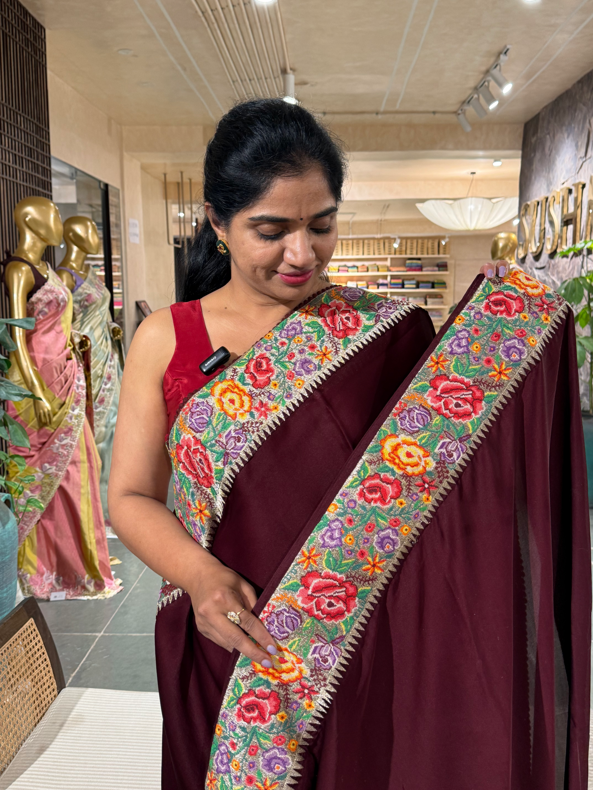 Burgundy Pure Satin Crepe Silk Saree with Petite Point Embroidered Border.