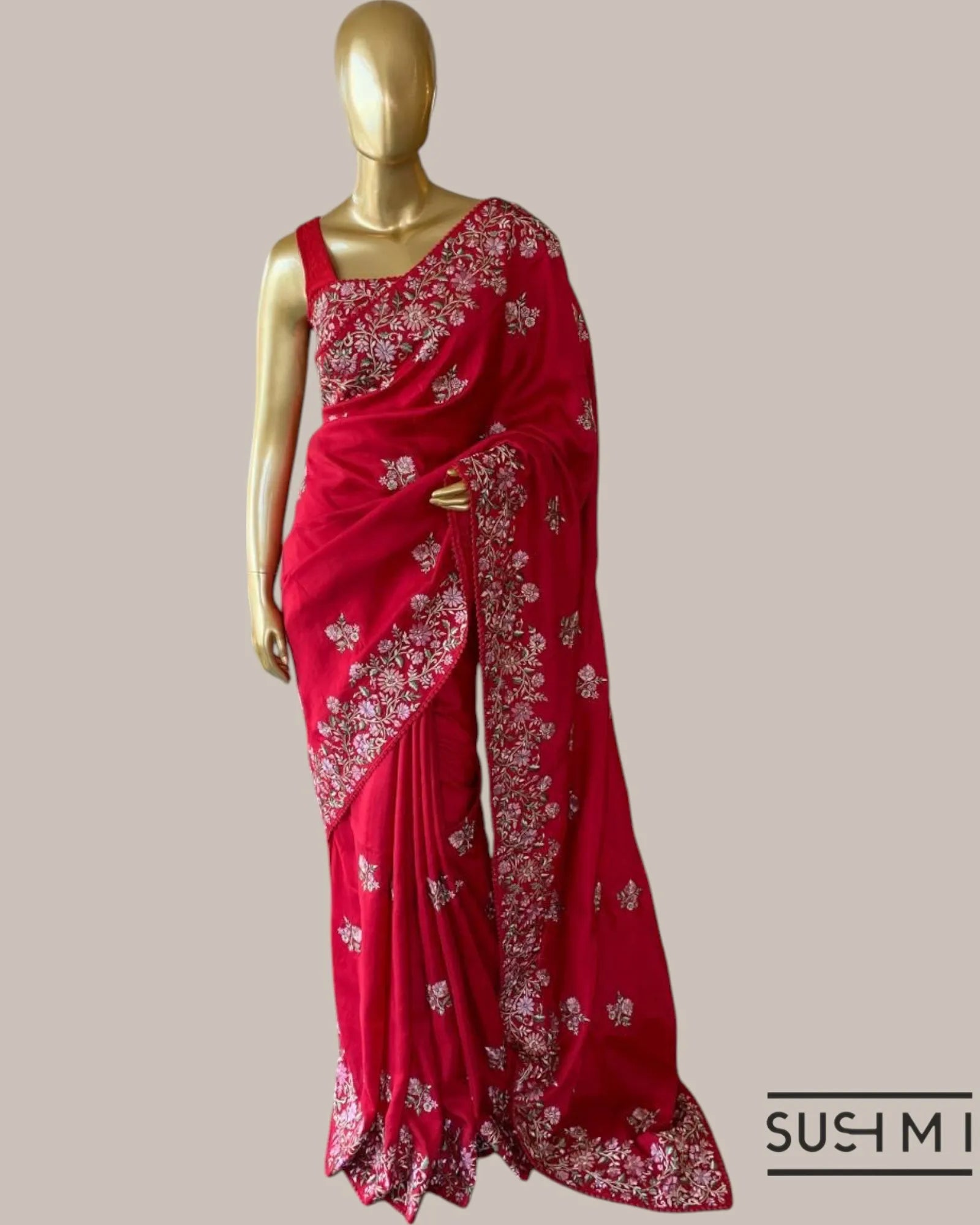 Ruby Red FallingTussar Saree with beautiful multi color embroidered border heml