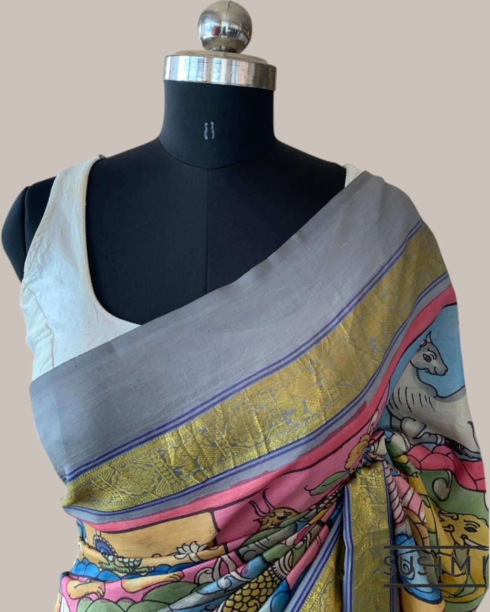 Kanchi Pen kalamkari handpainted saree with heavy borders