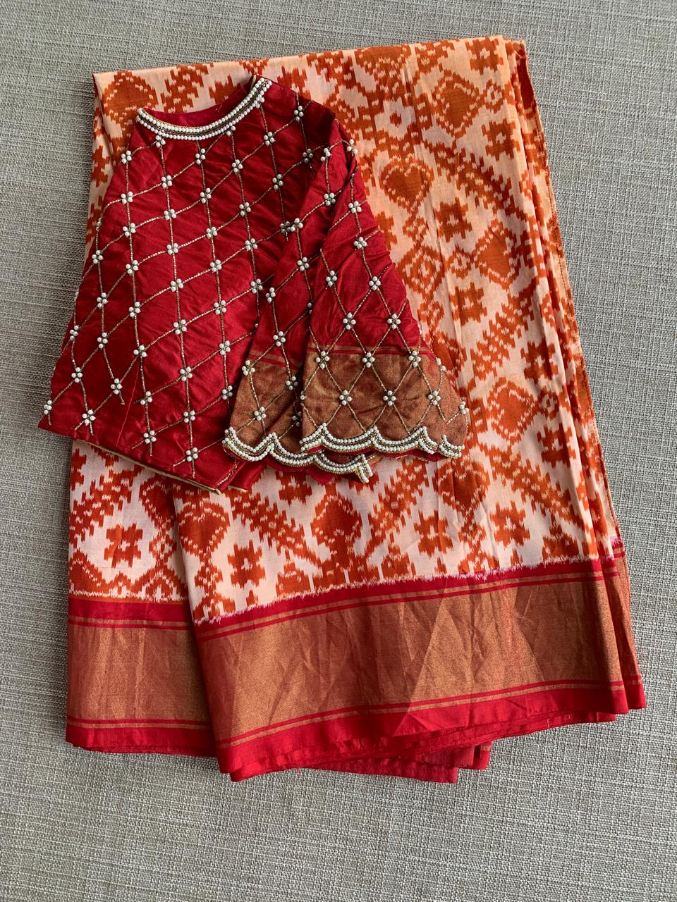 Pure Handloom Twill Ikkath Patola Saree With Khaddi Border & Handwork Blouse