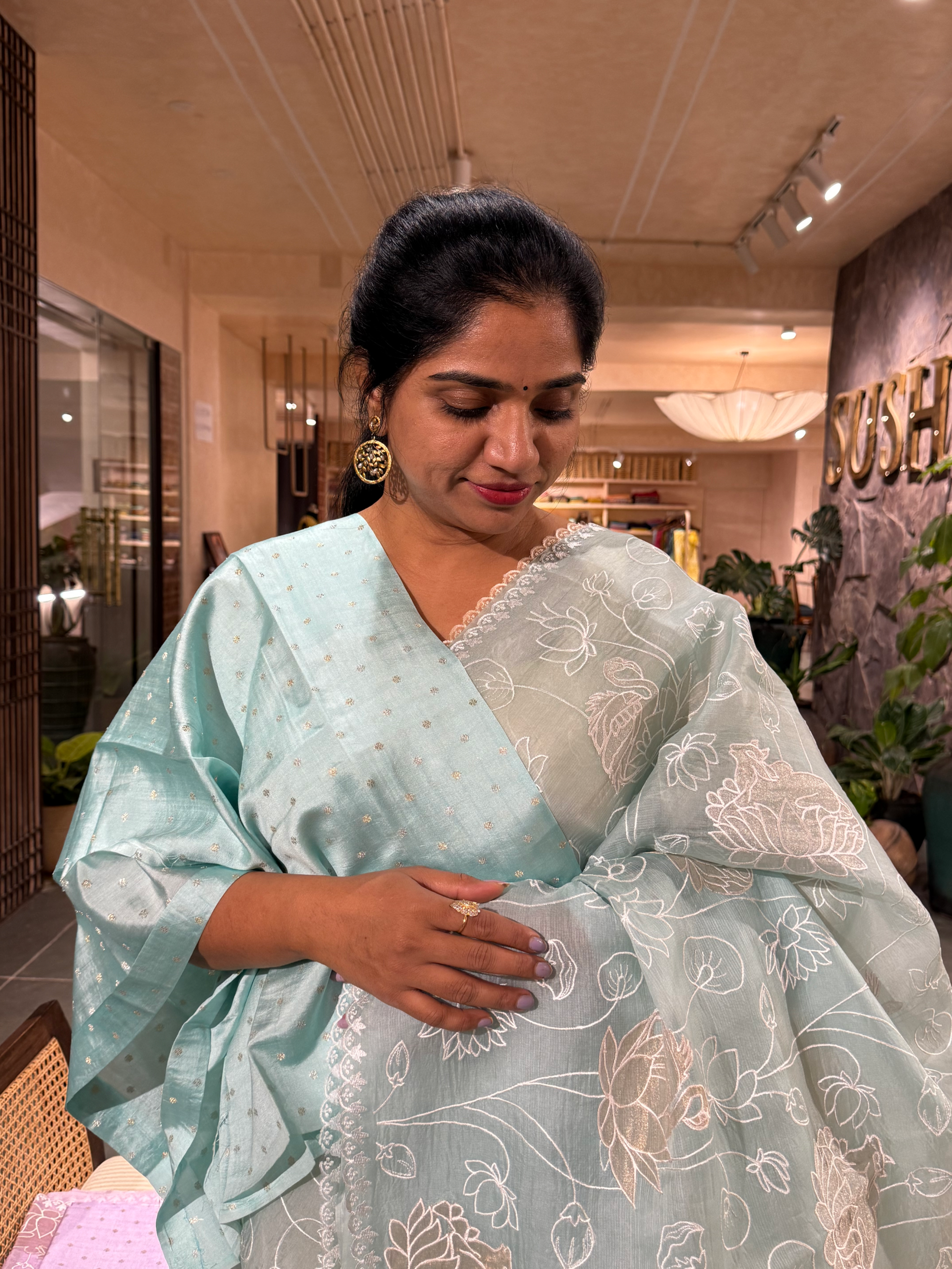 SOAA1608 : Pastel Blue Organza Saree with Allover Pichwai Applique Embroidery