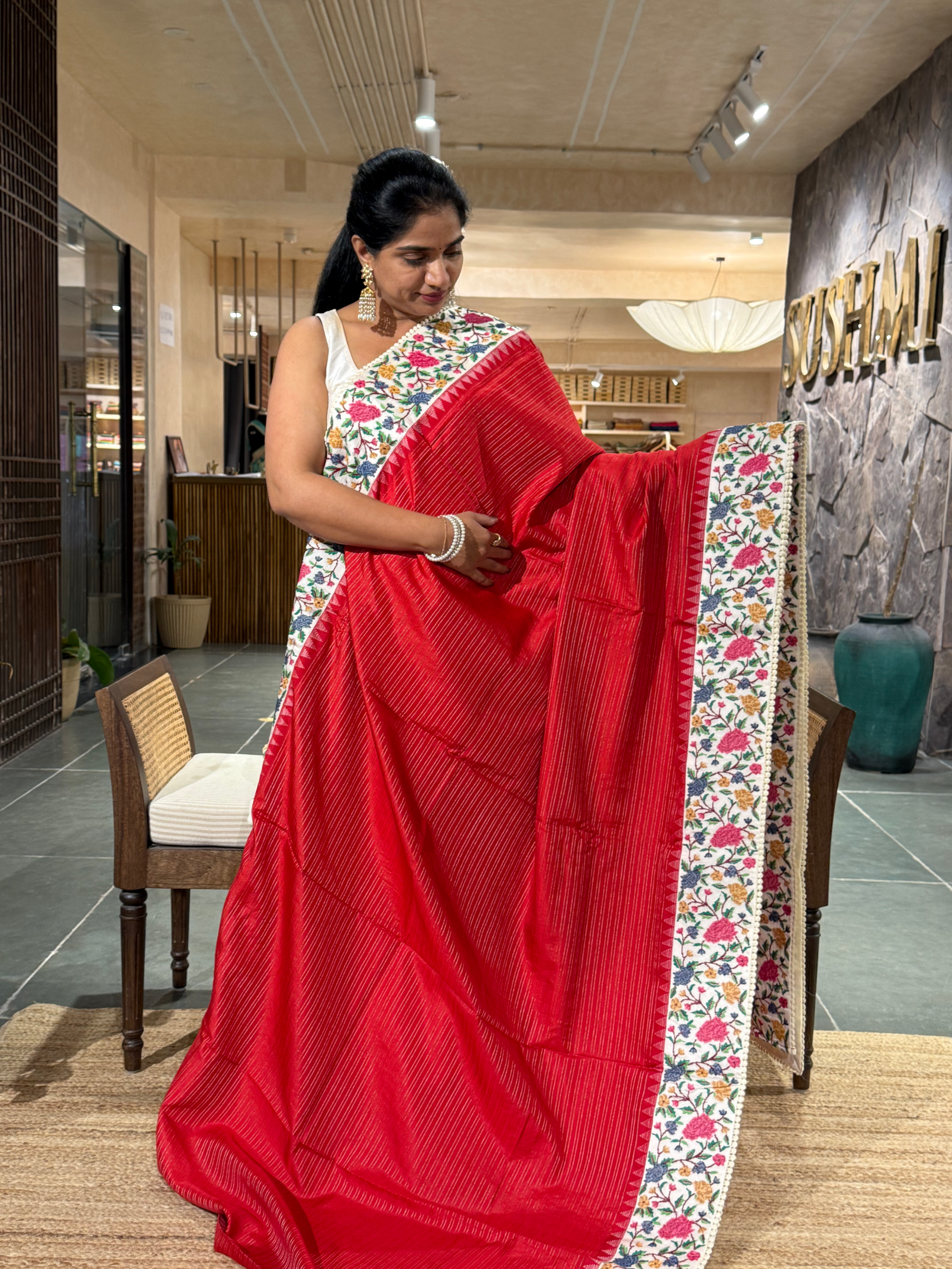 Red Soft Silk Saree with Petite Point Embroidery