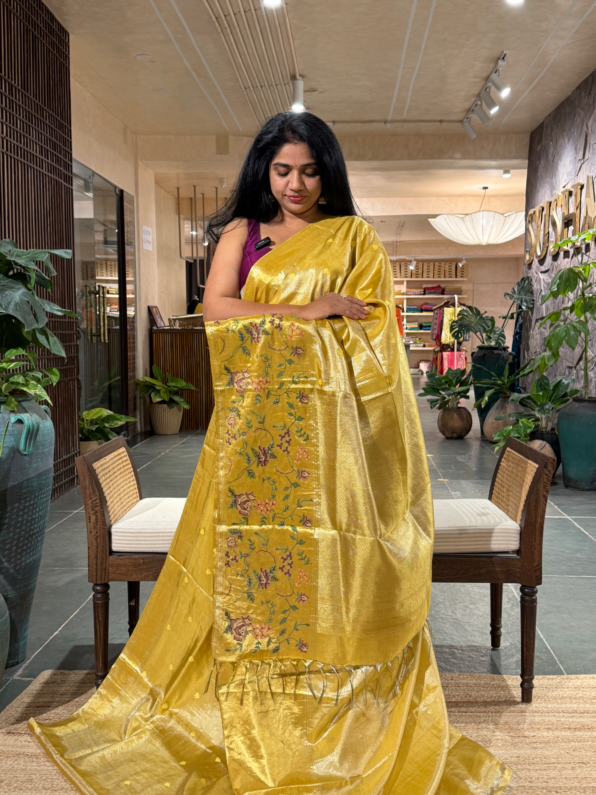 KPPJ2502: Gold Kanchi Soft Silk Tissue Saree With Petite Point Work Border