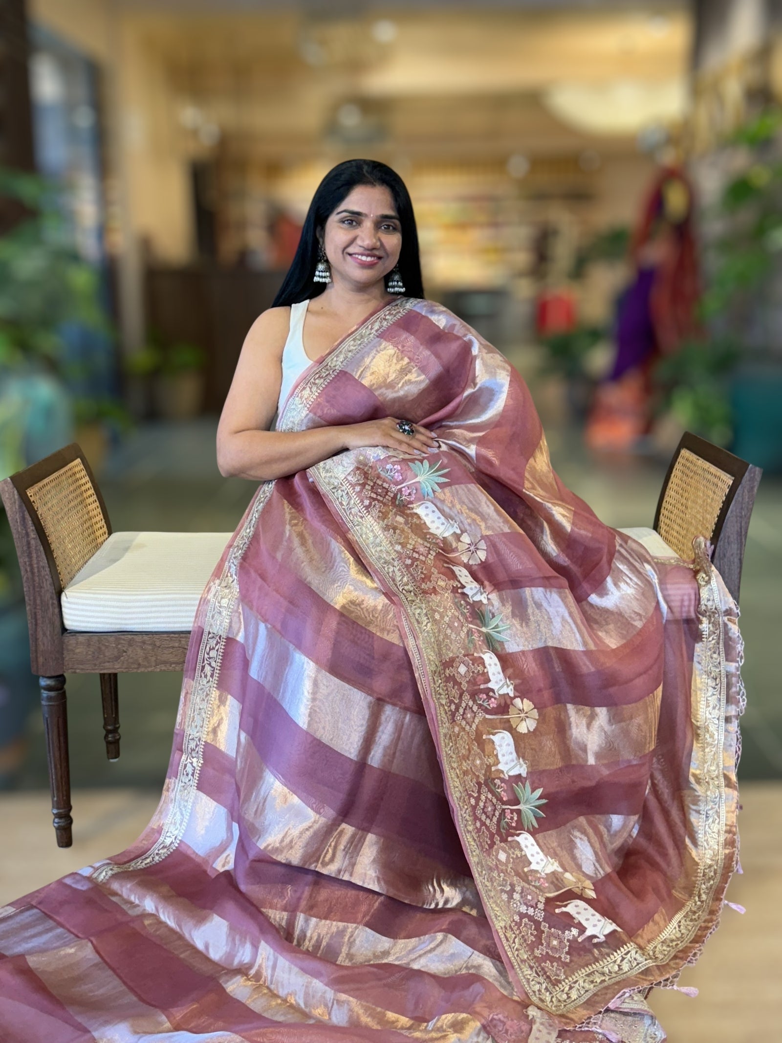 Onion Pink Kora Tissue Stripes Saree With Jamdani  & Pichwai embroidered Border