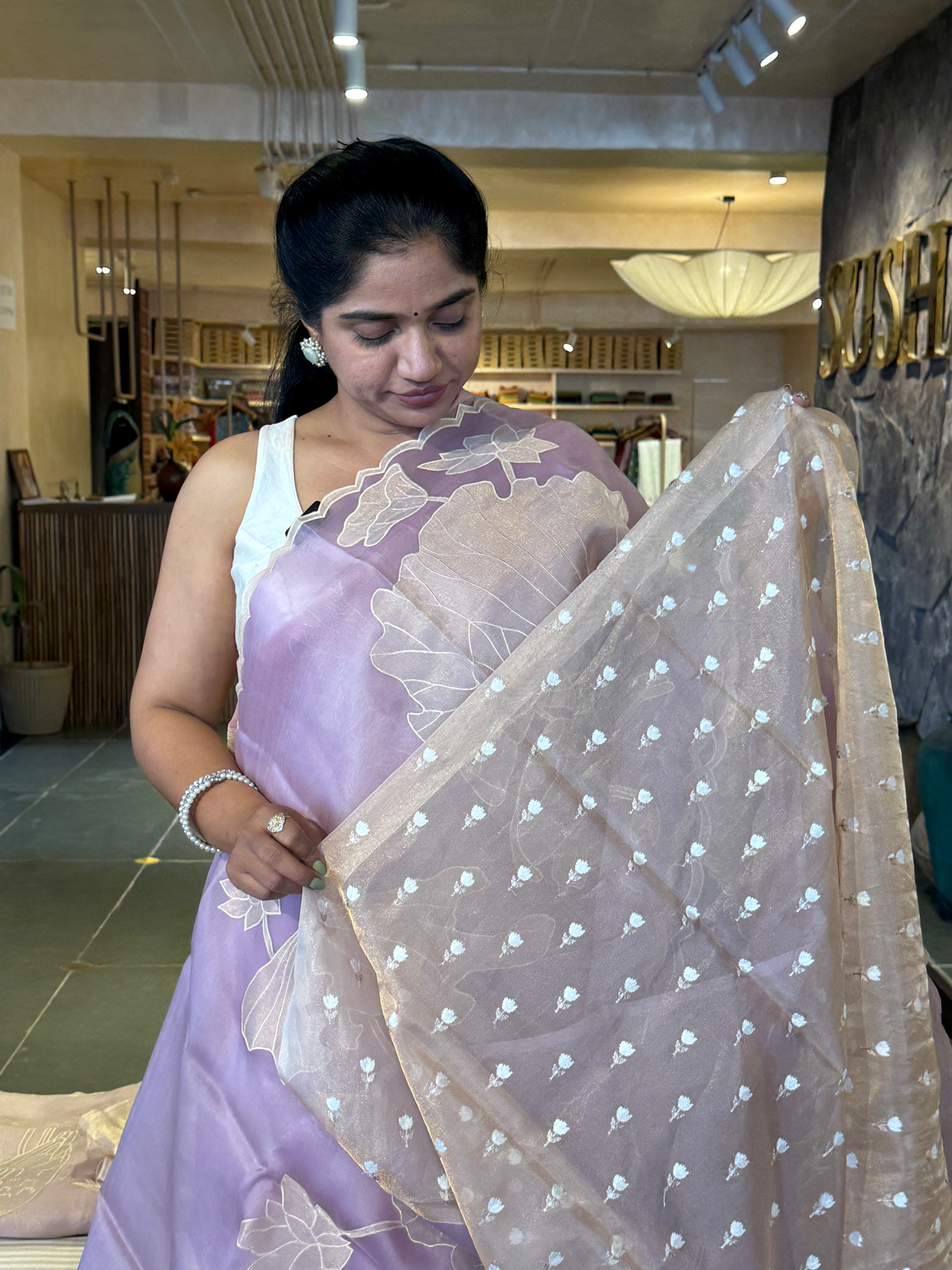 Lilac Pure Organza Designer Saree with Allover Tissue Applique Embroidery