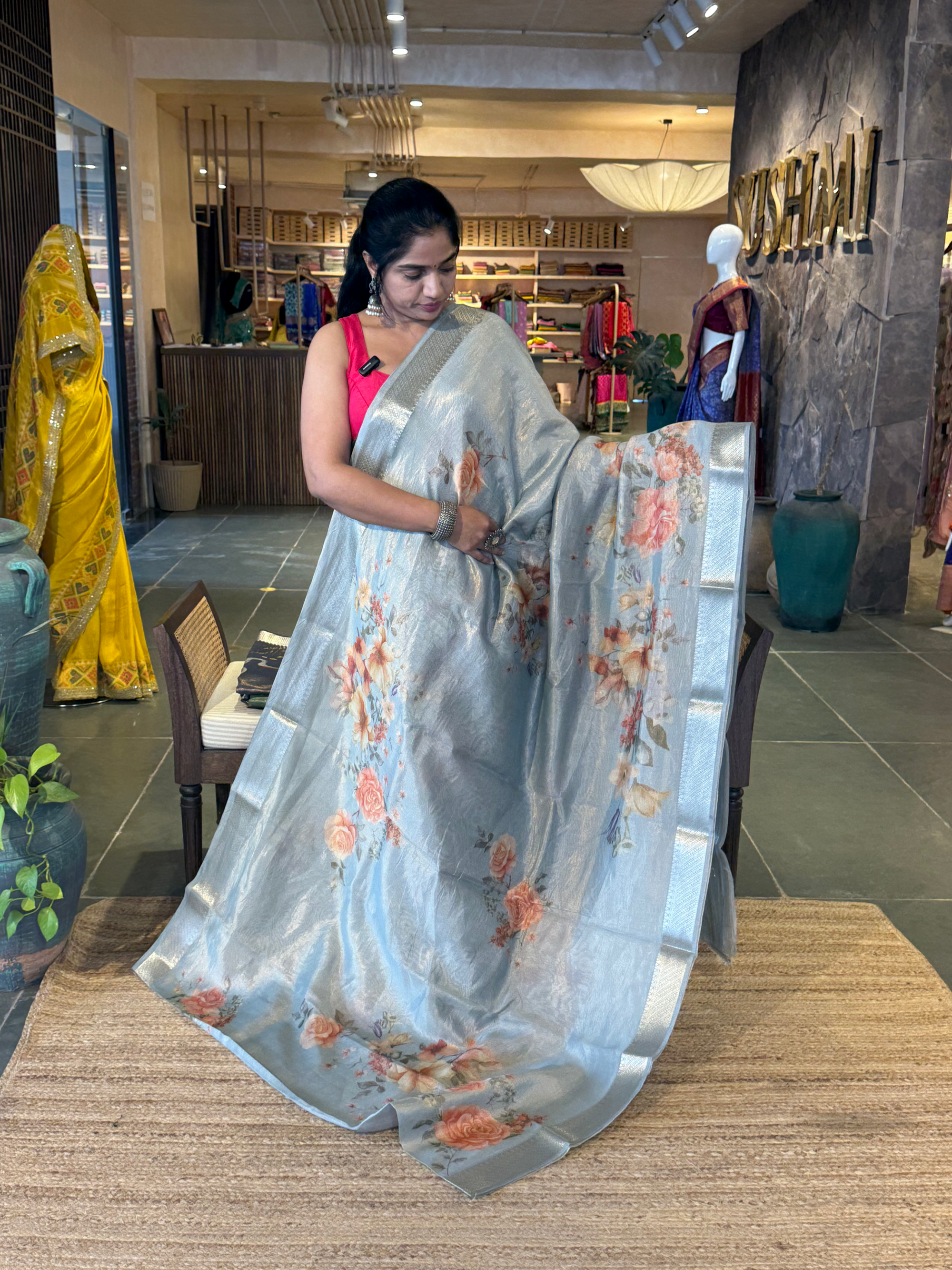Brown Banarasi Floral Printed Cotton Saree with brocade pallu and blouse