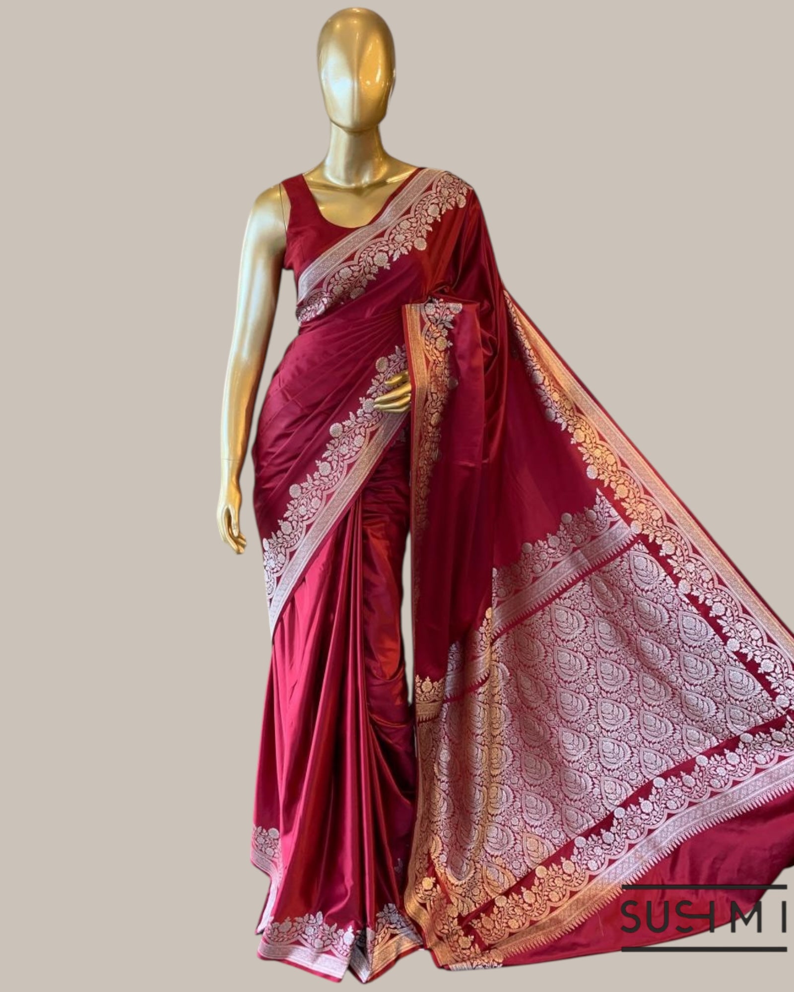 Burgundy Mashru Silk Saree With Straight and Scalloped Border