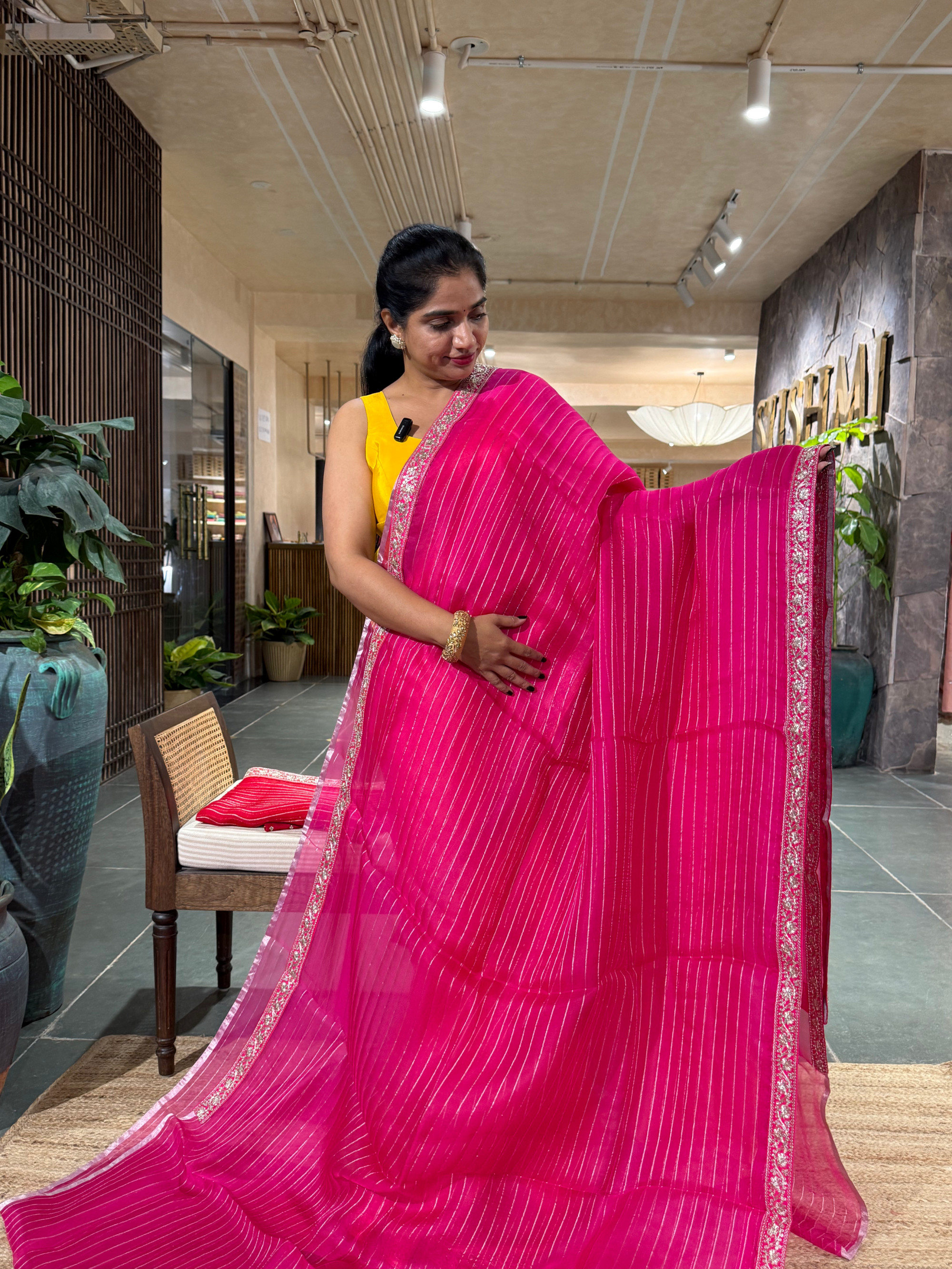 SOSSM2902  Fuschia Pink Organza Silk  Saree hemlined with Sabhyasachi Borders