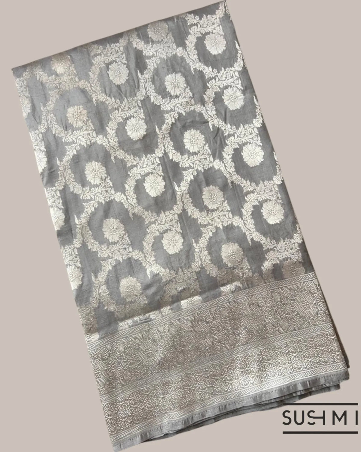 Silverish Grey Banarasi Katan Silk Saree with Allover Floral Jaal Weaving Blouse