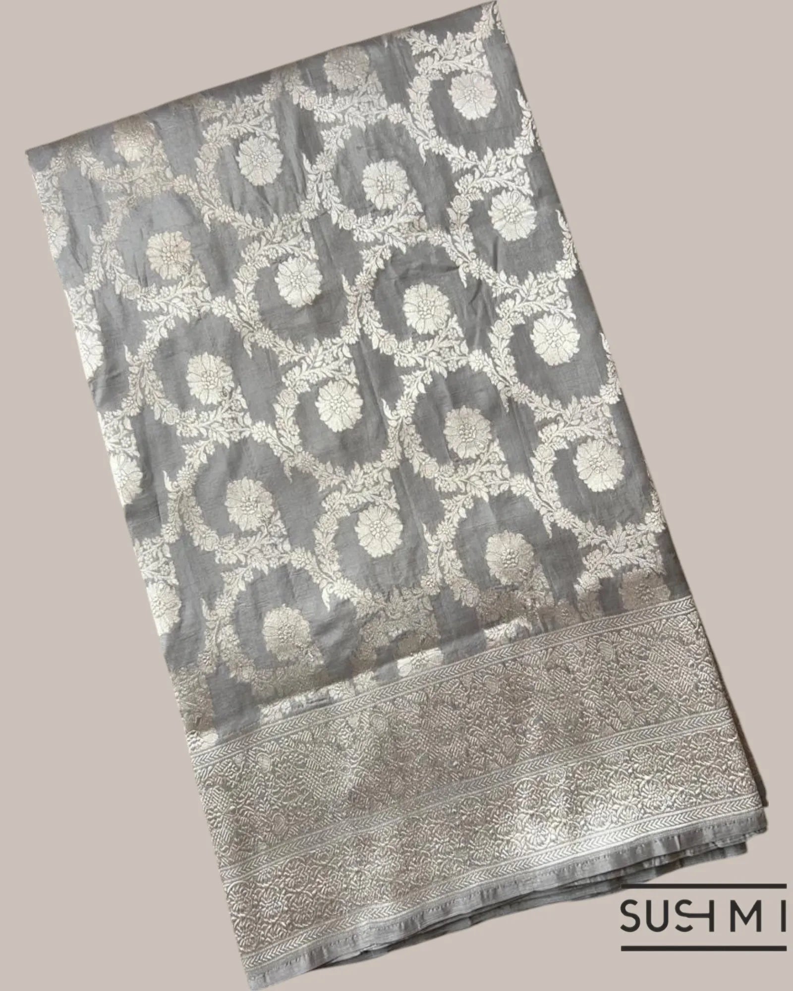 Silverish Grey Banarasi Katan Silk Saree with Allover Floral Jaal Weaving Blouse