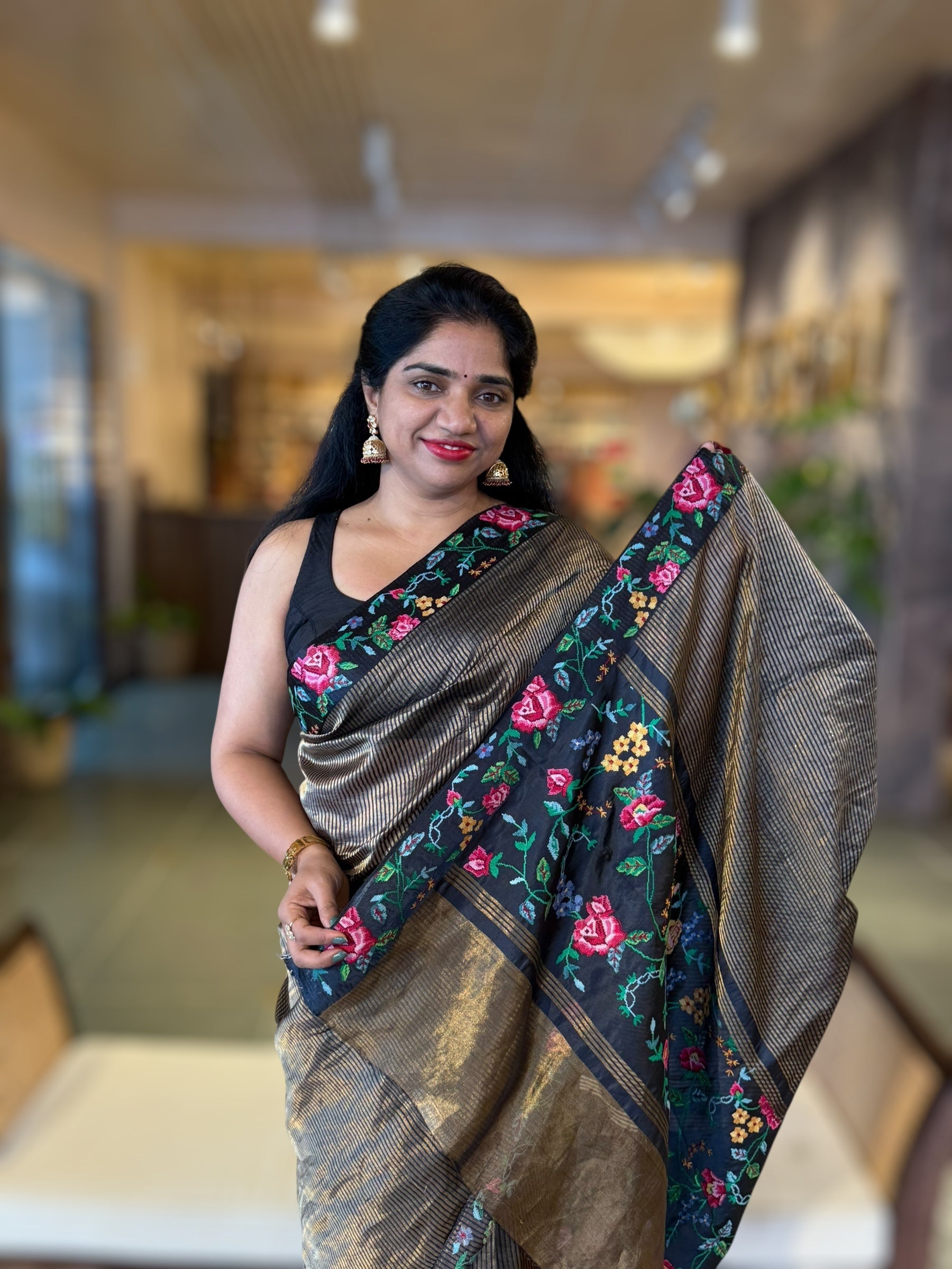 Black Tissue Stripes Saree wth Petite Point Embroidered Border Pallu & BP
