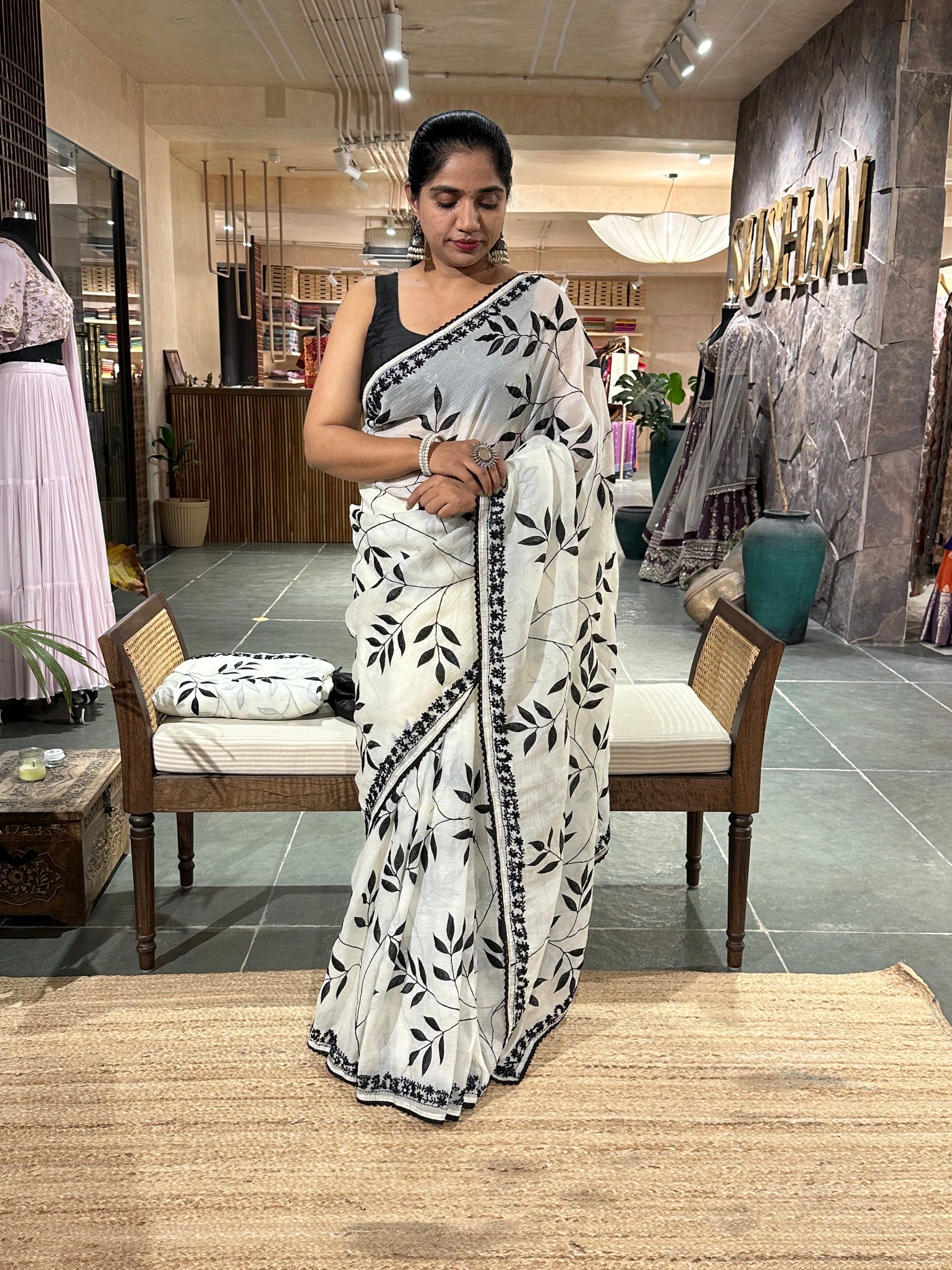 Half white crush Saree with allover applique work in leaf creeper pattern  and h