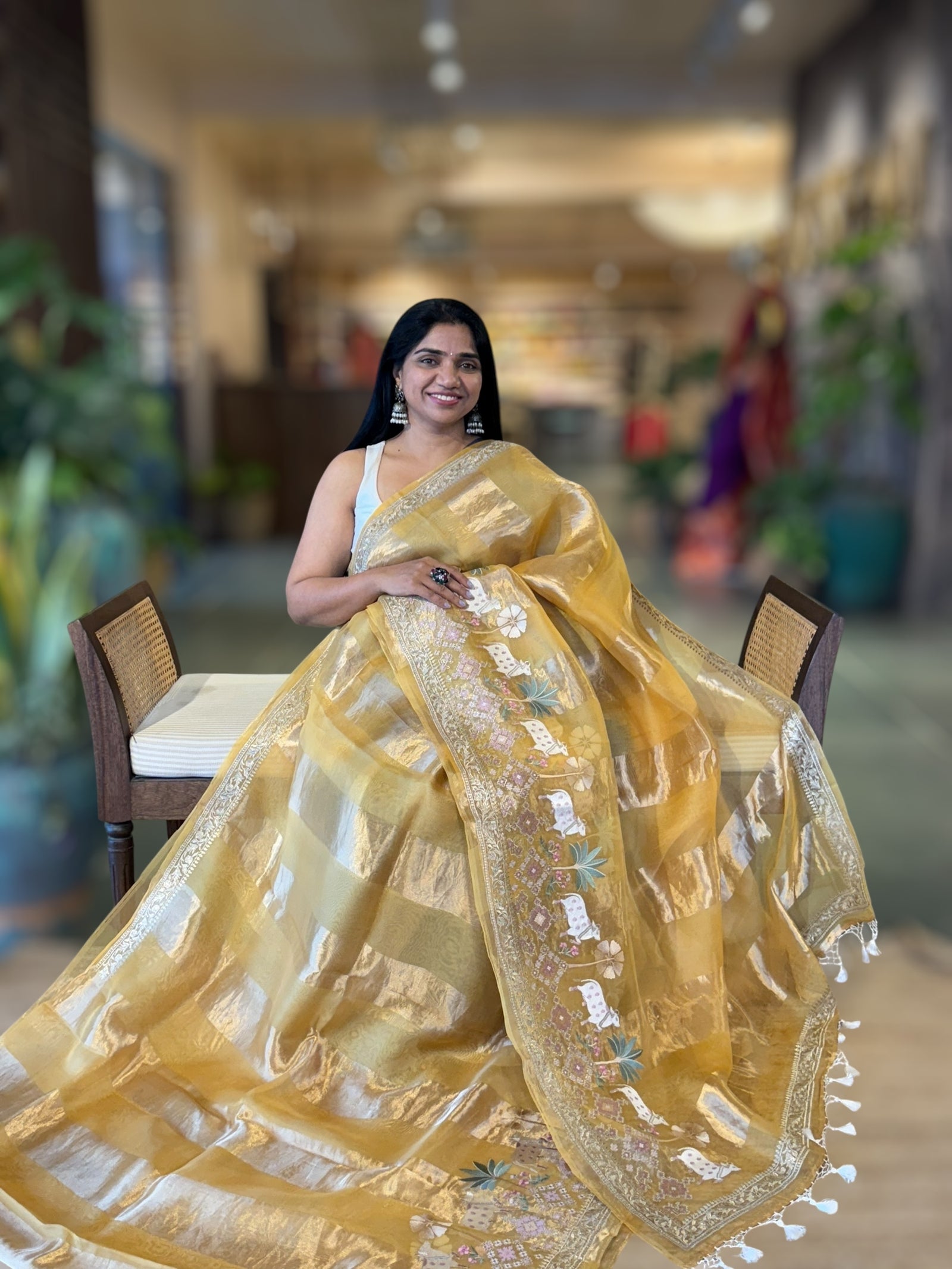 Mustard Kora Tissue Stripes Saree With Jamdani  & Pichwai embroidered Border