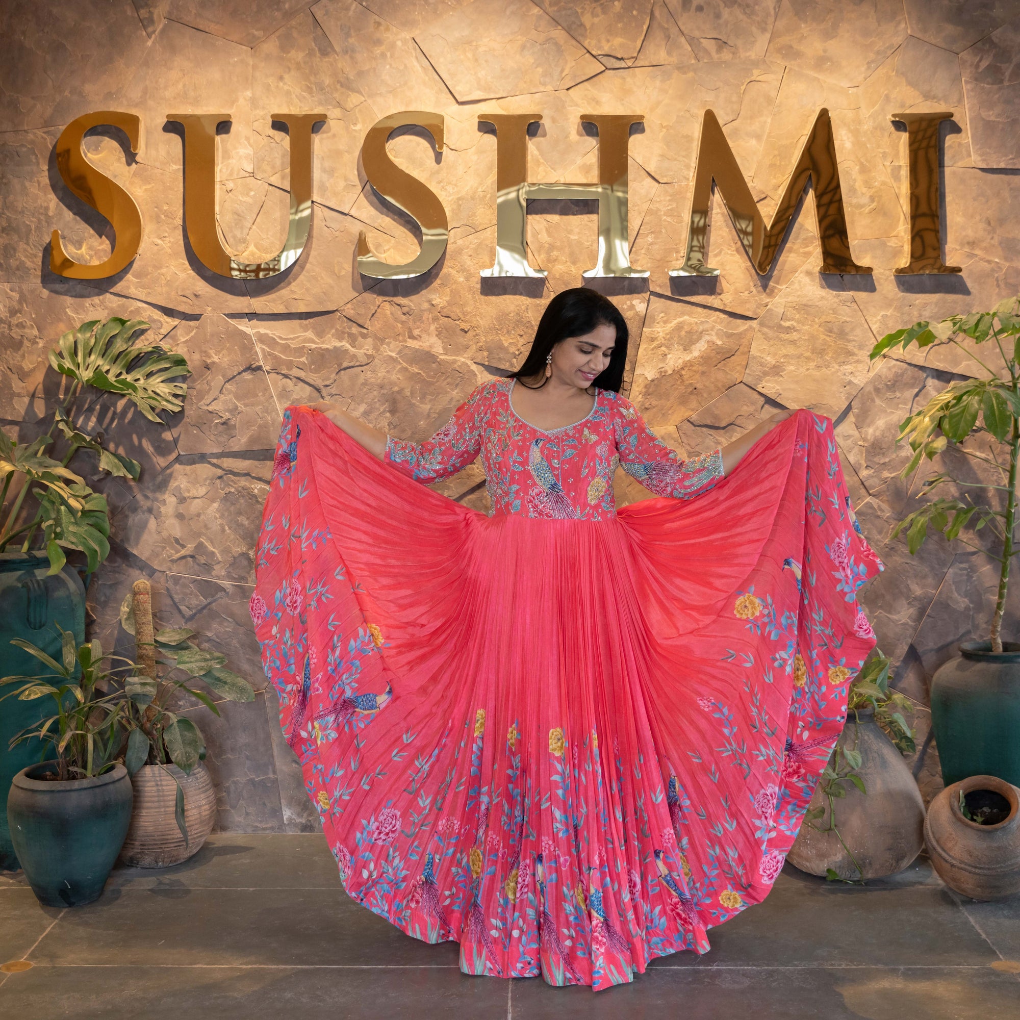 Tomato Red color Pure Chinnon printed long frock with heavy handwork yoke