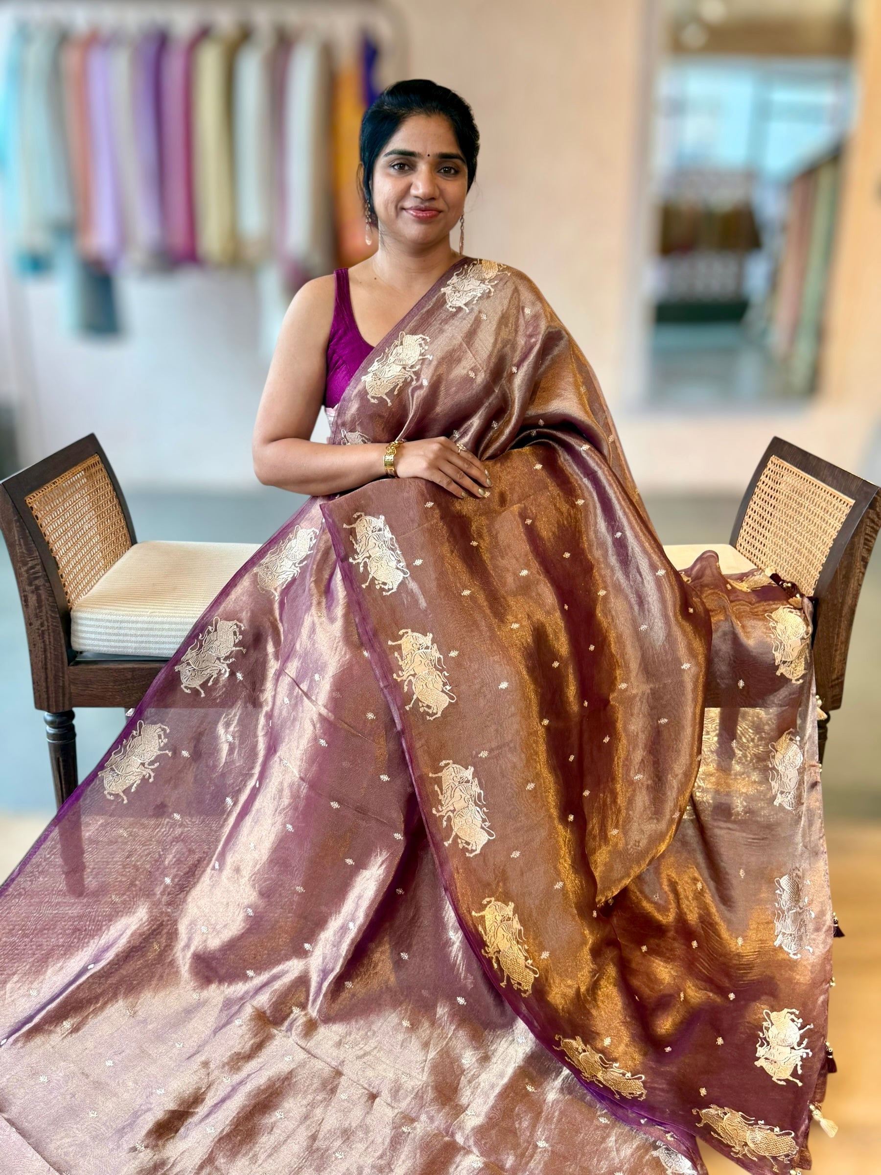 Purple Handloom Tissue Saree wth Nandi Embroidered Border & Stripes Tissue BP