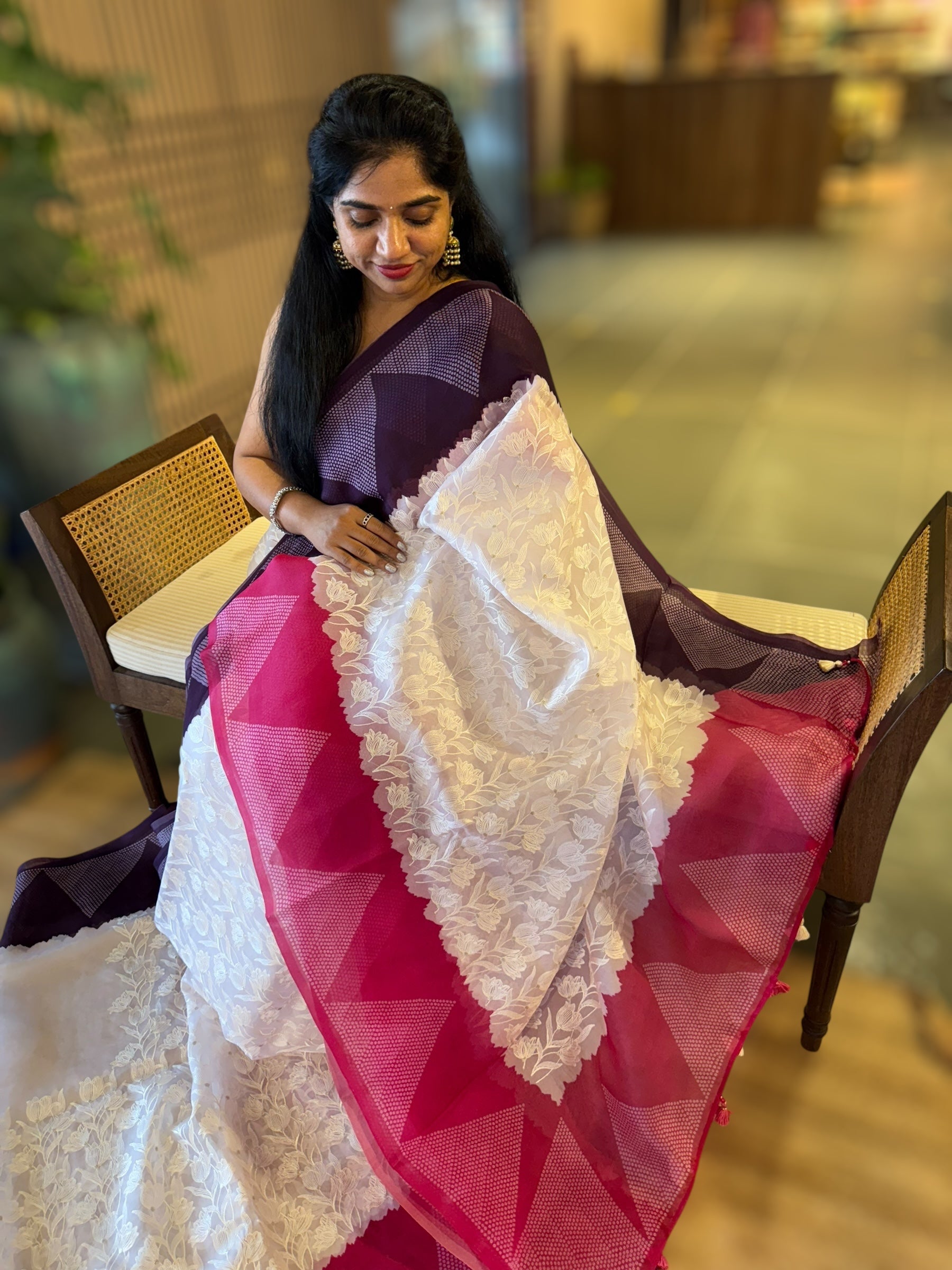 Organza Chikankari Embroidery Saree With Ganga Jamuna Bandhini Temple Borders