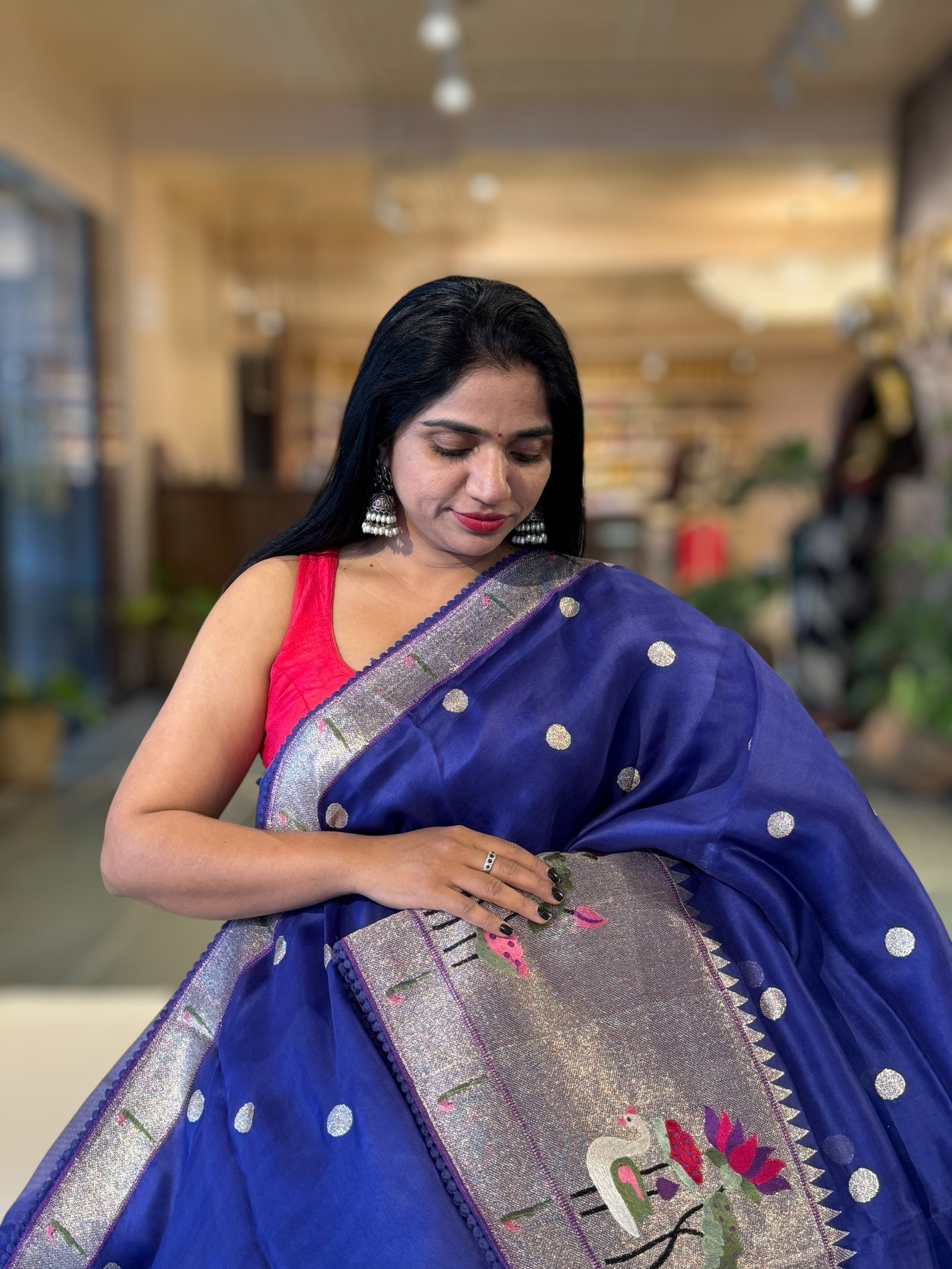 Purplish Blue Pure Organza Saree With Pythani Embroidered Border