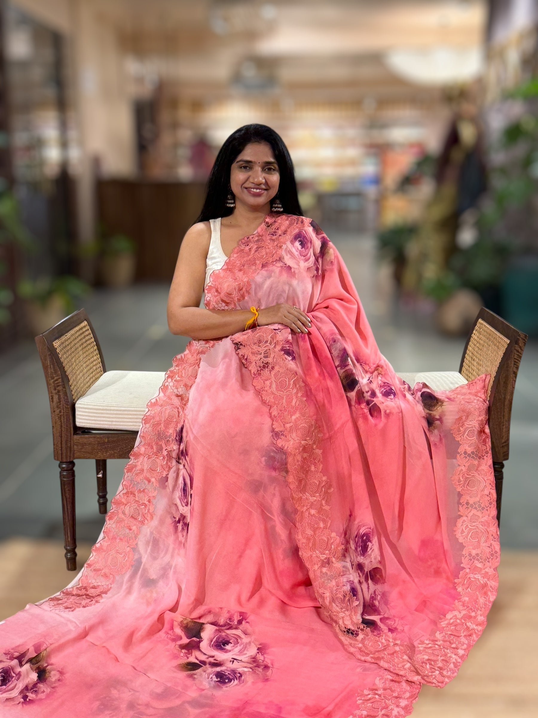 Coral Gorgette Printed Saree With Chatilly Lace Style Cutwork embroidered Border