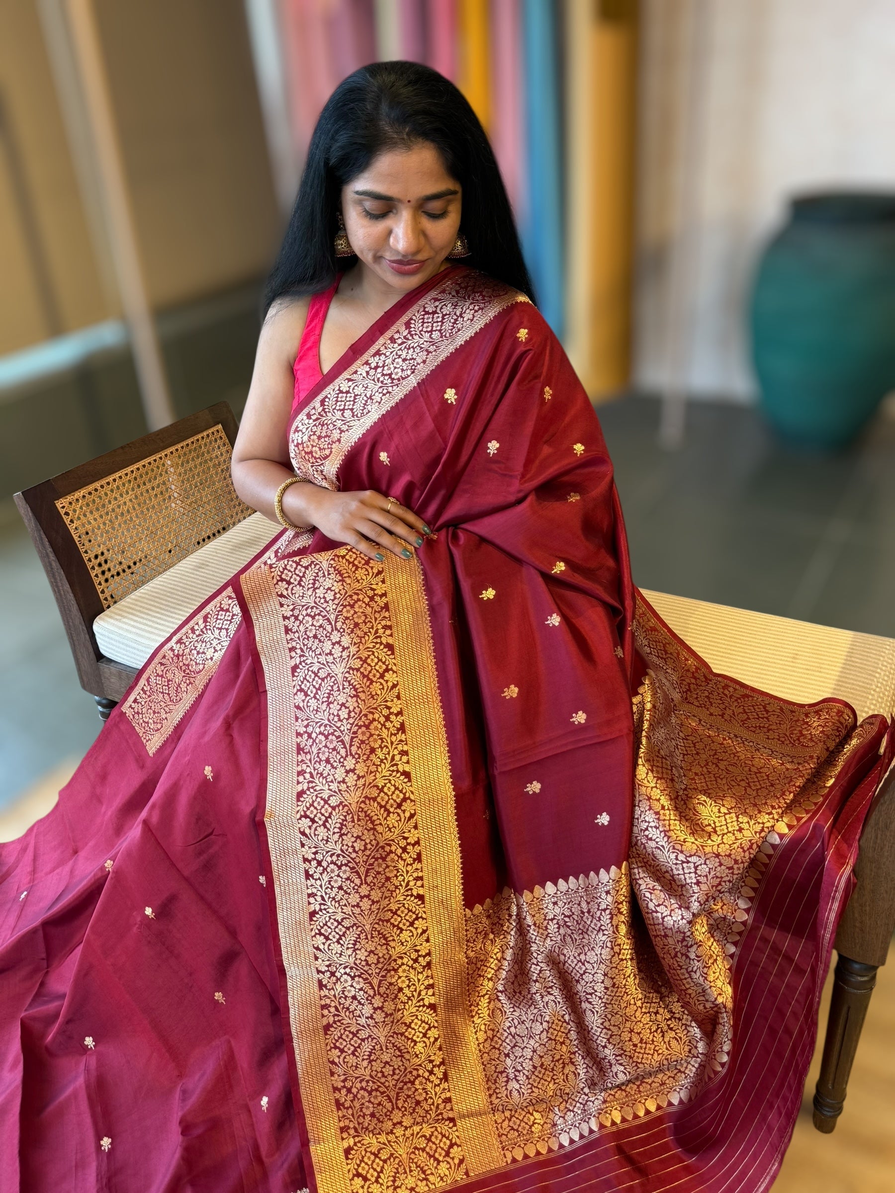 Burgundy Banarasi Raw Mango Silk Saree with Open Borders & Kaduwa Weaving