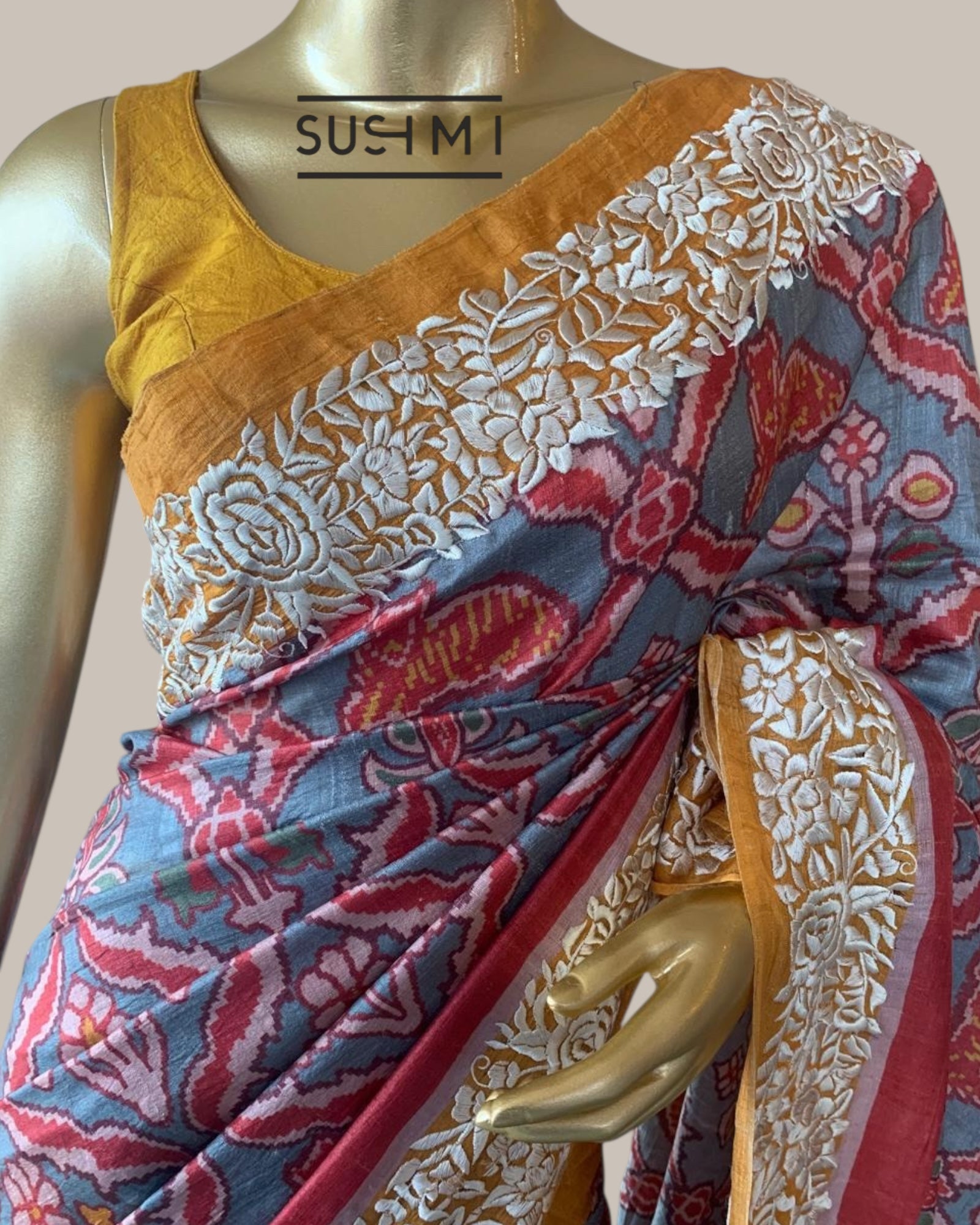 Pure Tussar Saree with Patan Patola Inspired Print and Parsi Gara Border