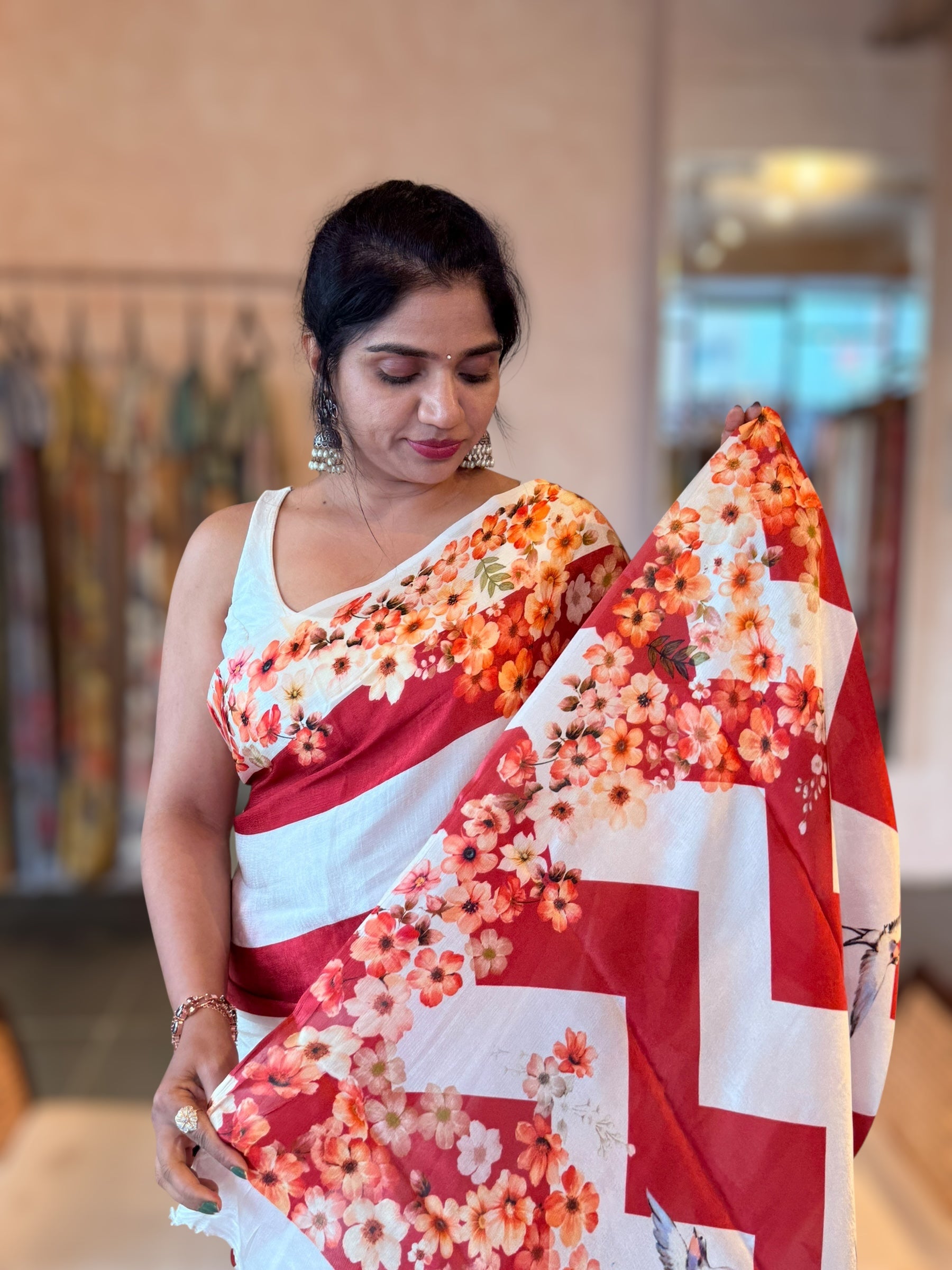 Trisha inspired Chinnon Silk Stripes & Floral Printed Saree