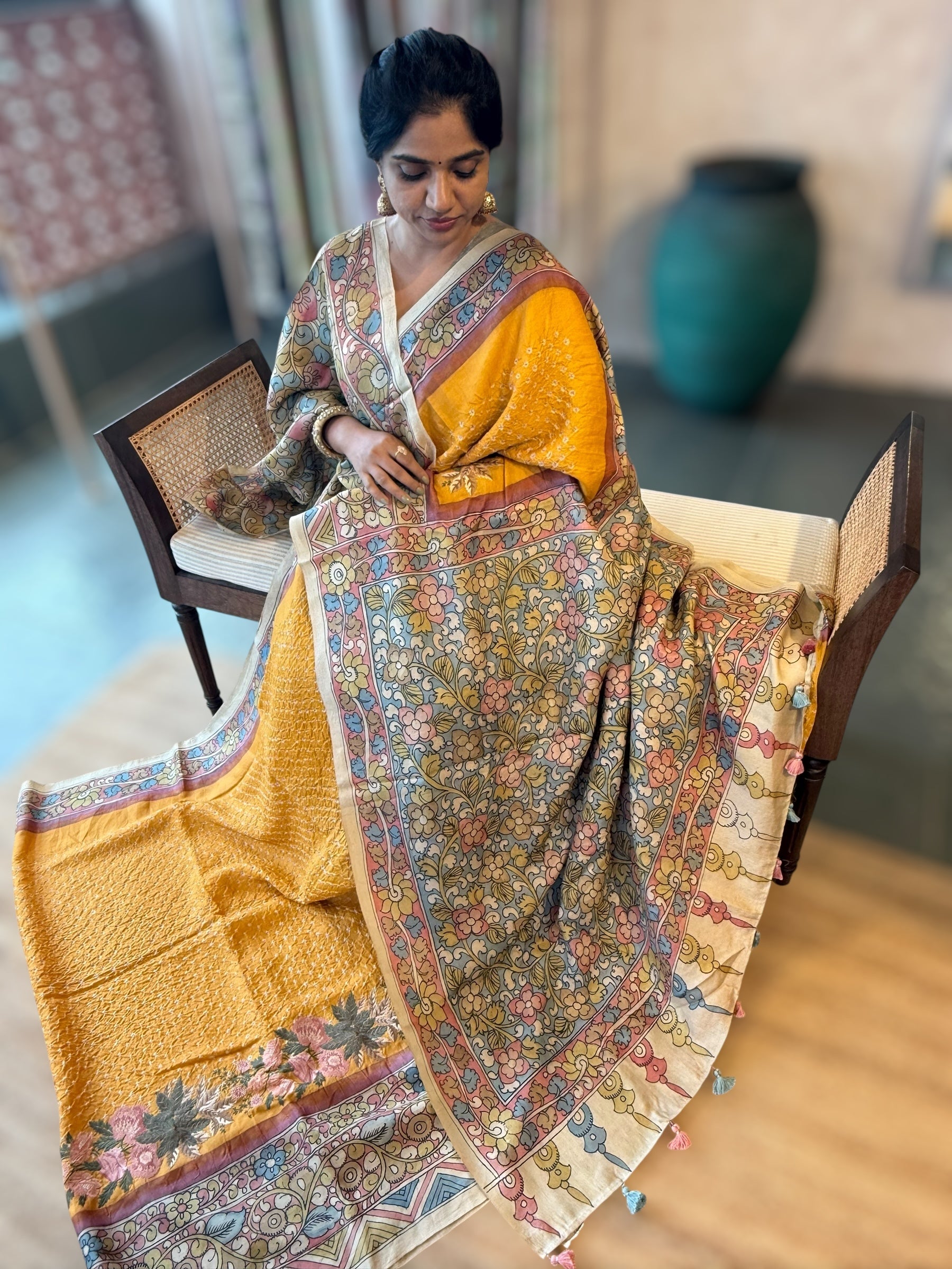 Yellow Tussar Bandhini Saree With Pen kalamkari Border & Petite Point Emb Blouse