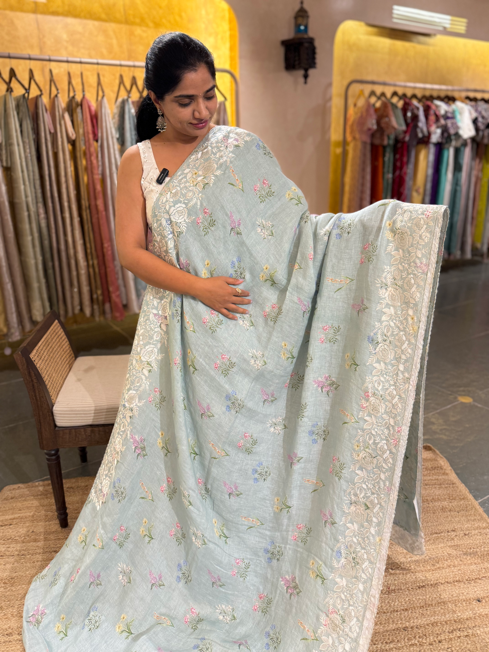 Powder Blue Pure Handloom Lenin Print Saree With  Parsi Gara Style Embroidery