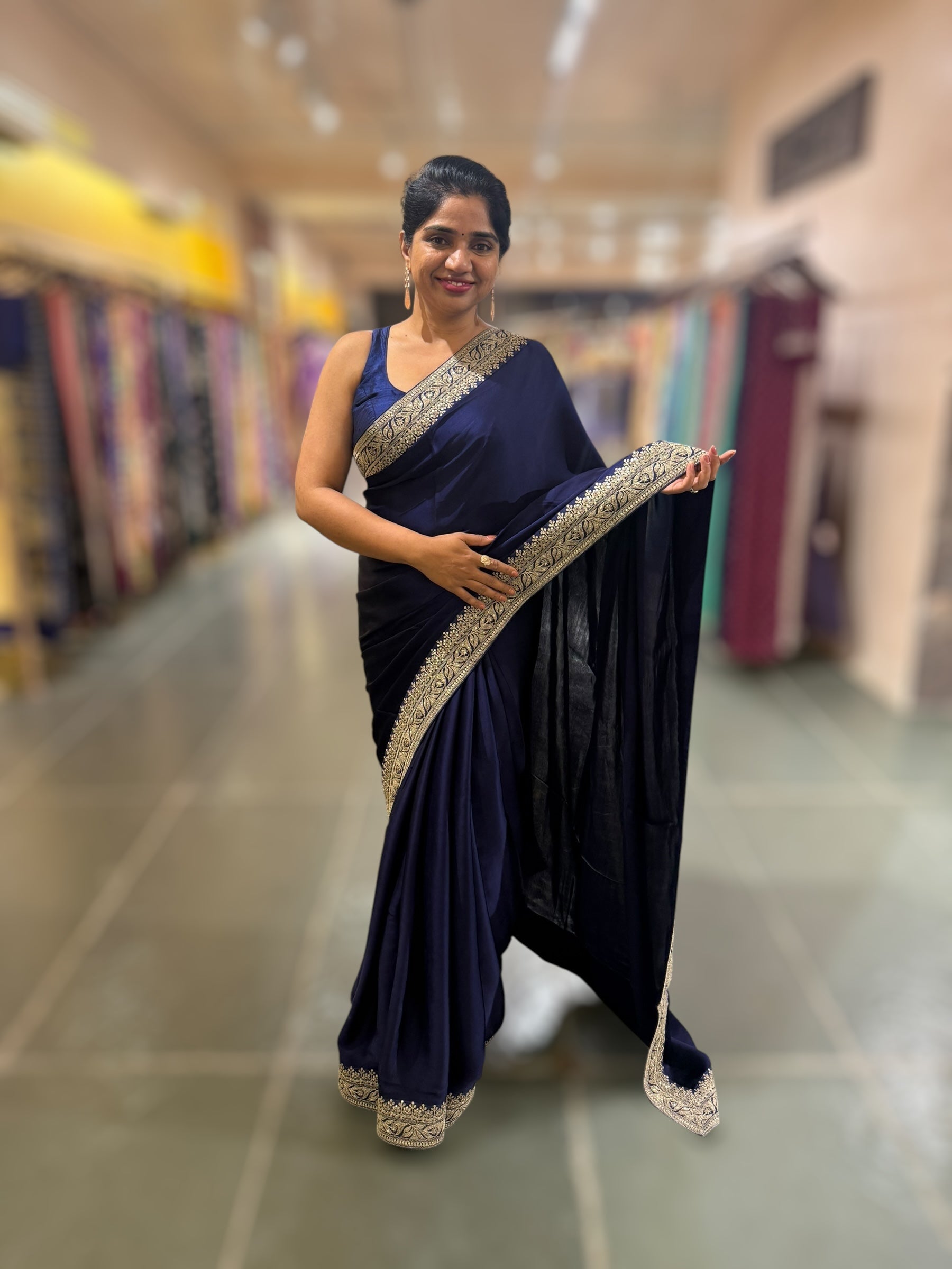 Midnight Blue Pure Satin Silk Saree With Sabhya Borders & Allover Emb Blouse