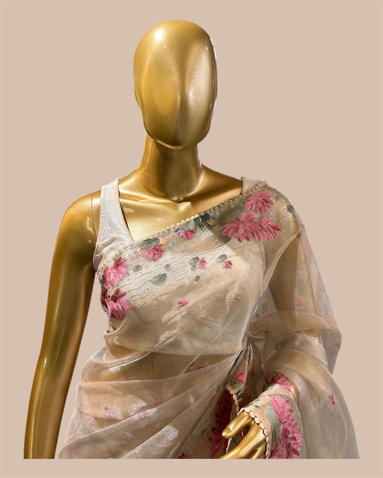 Pure Tissue Saree with silver and golden zari wide stripes & Embroidered Borders