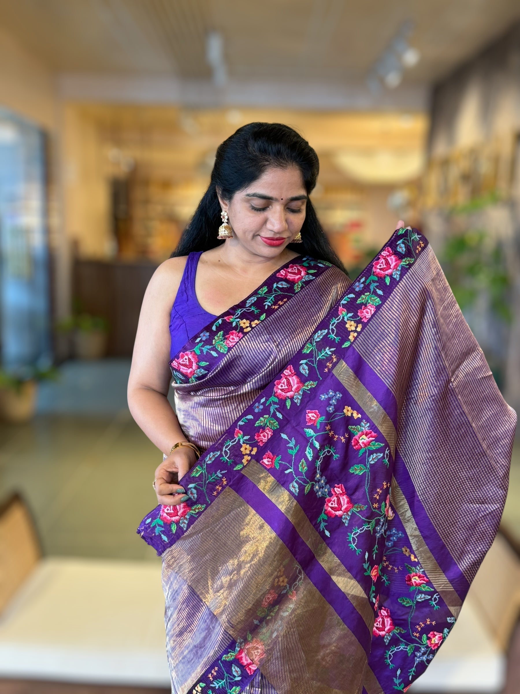Violet Tissue Stripes Saree With  Petite Point Embroidered Border Pallu and BP