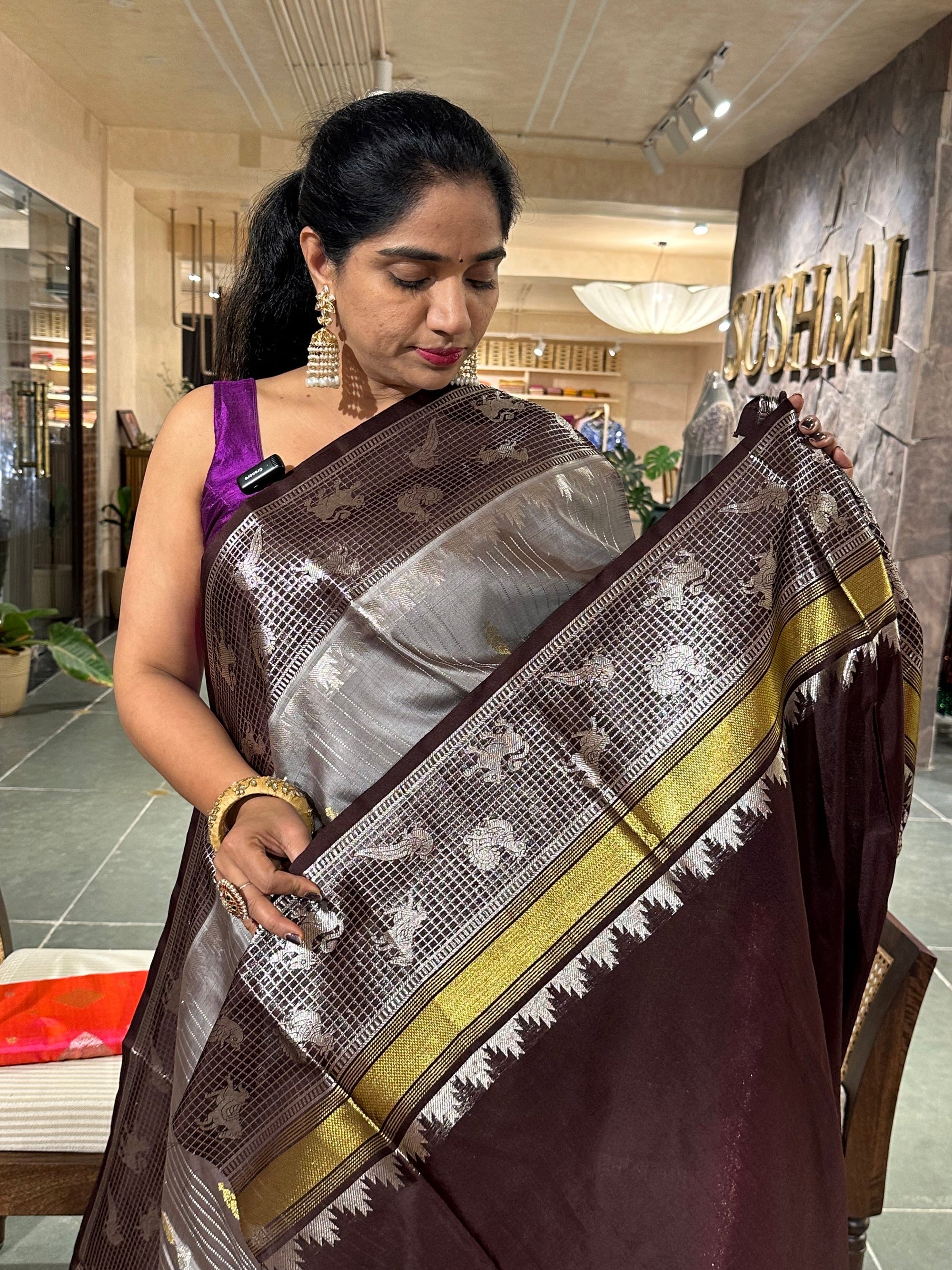 Grey and Coffee Brown Combo Venkatagiri Handloom Pure Silk Saree