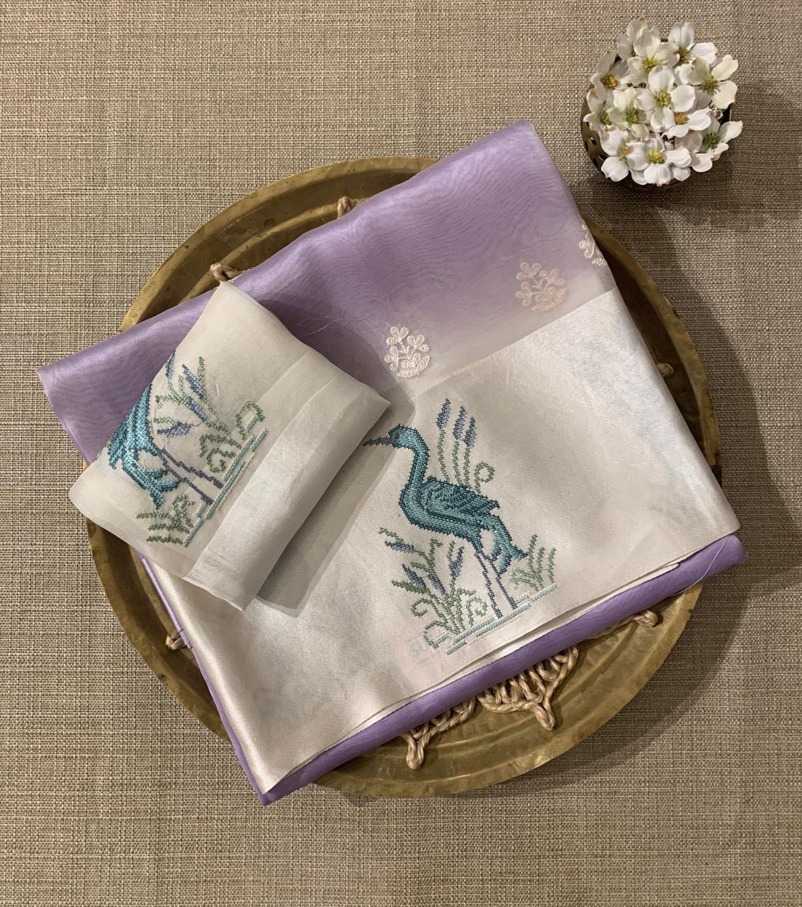 LilacPure Organza Silk Saree with Petite Point Embriodered Swans Mashru Borders