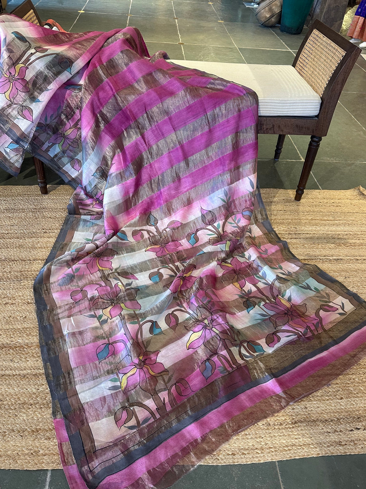 Pure Handloom Banarasi Munga Tissue  Saree with handpainting