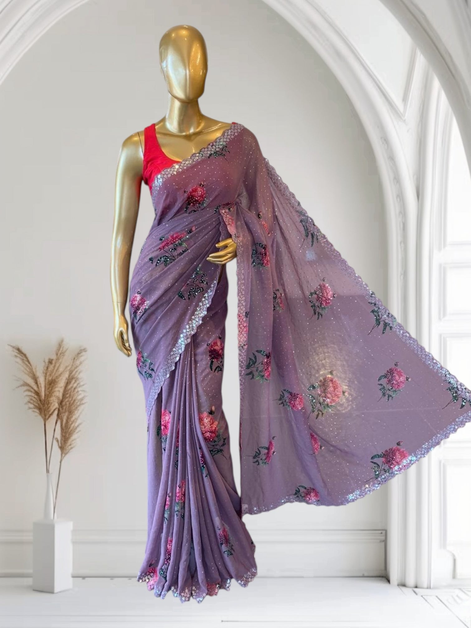 Dark Mauve Gorgette Printed Saree with sequnce border
