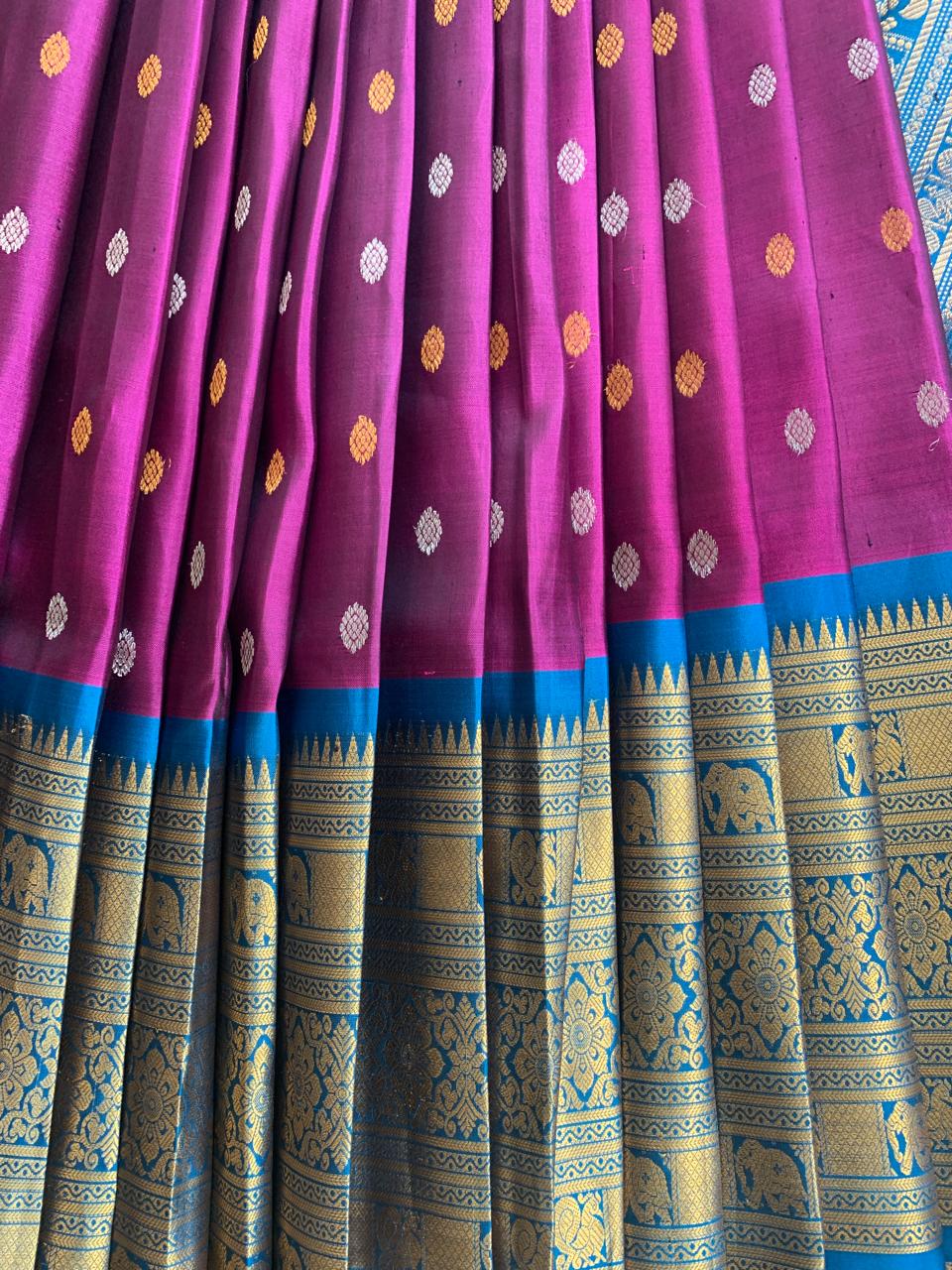 SGSA208 Wine and Peacock Blue Combo Gadwal Handloom Pure Silk Saree