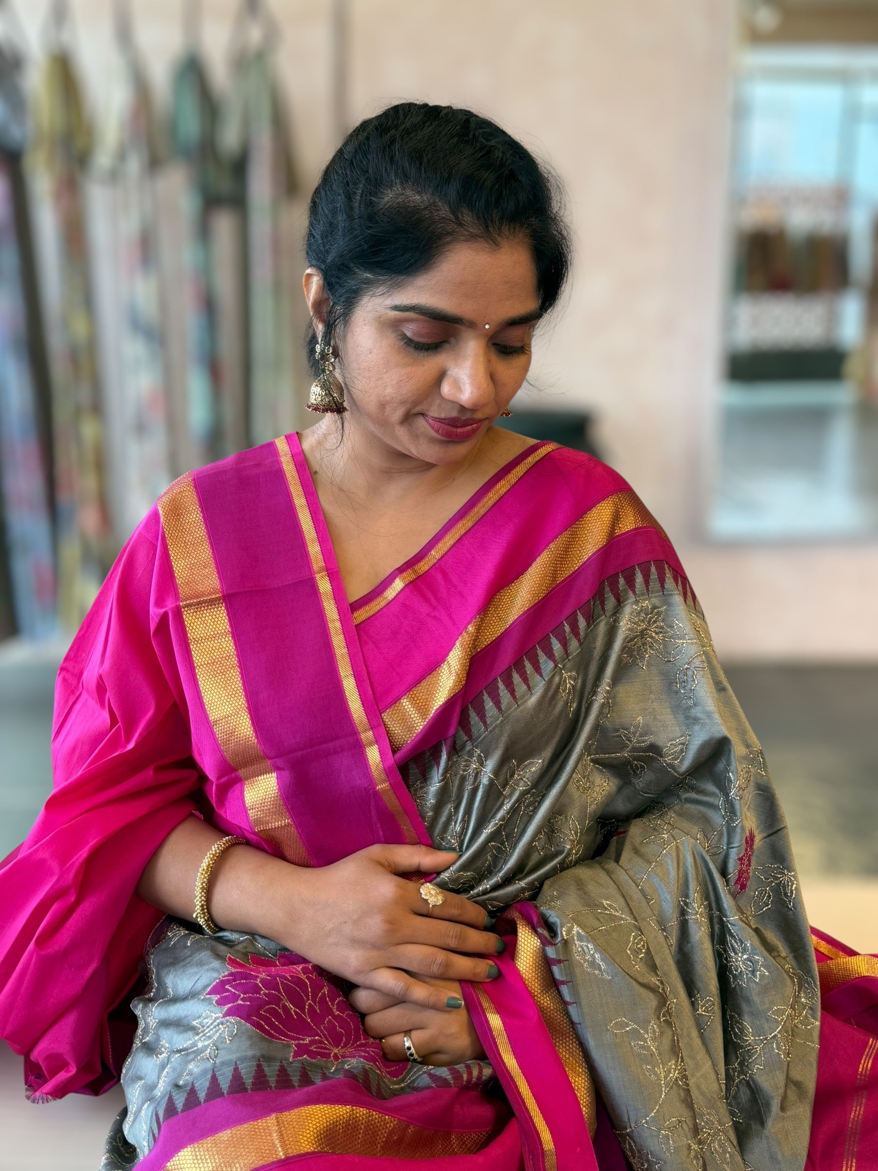 Silverish Grey Kanchi Silk Saree in With Allover Pita & Applique work