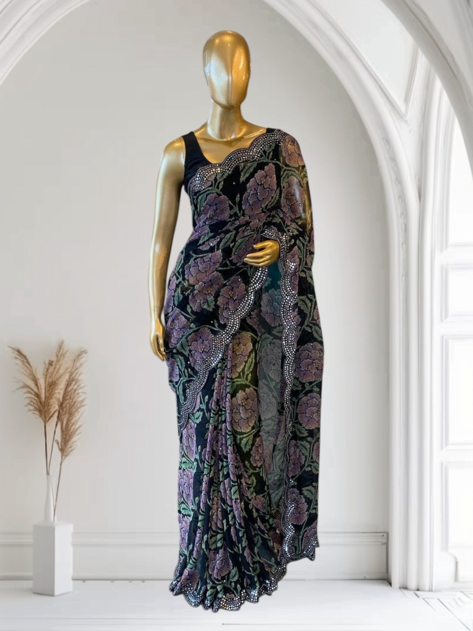 Black Gorgette prints with handwork mirrorwork borders