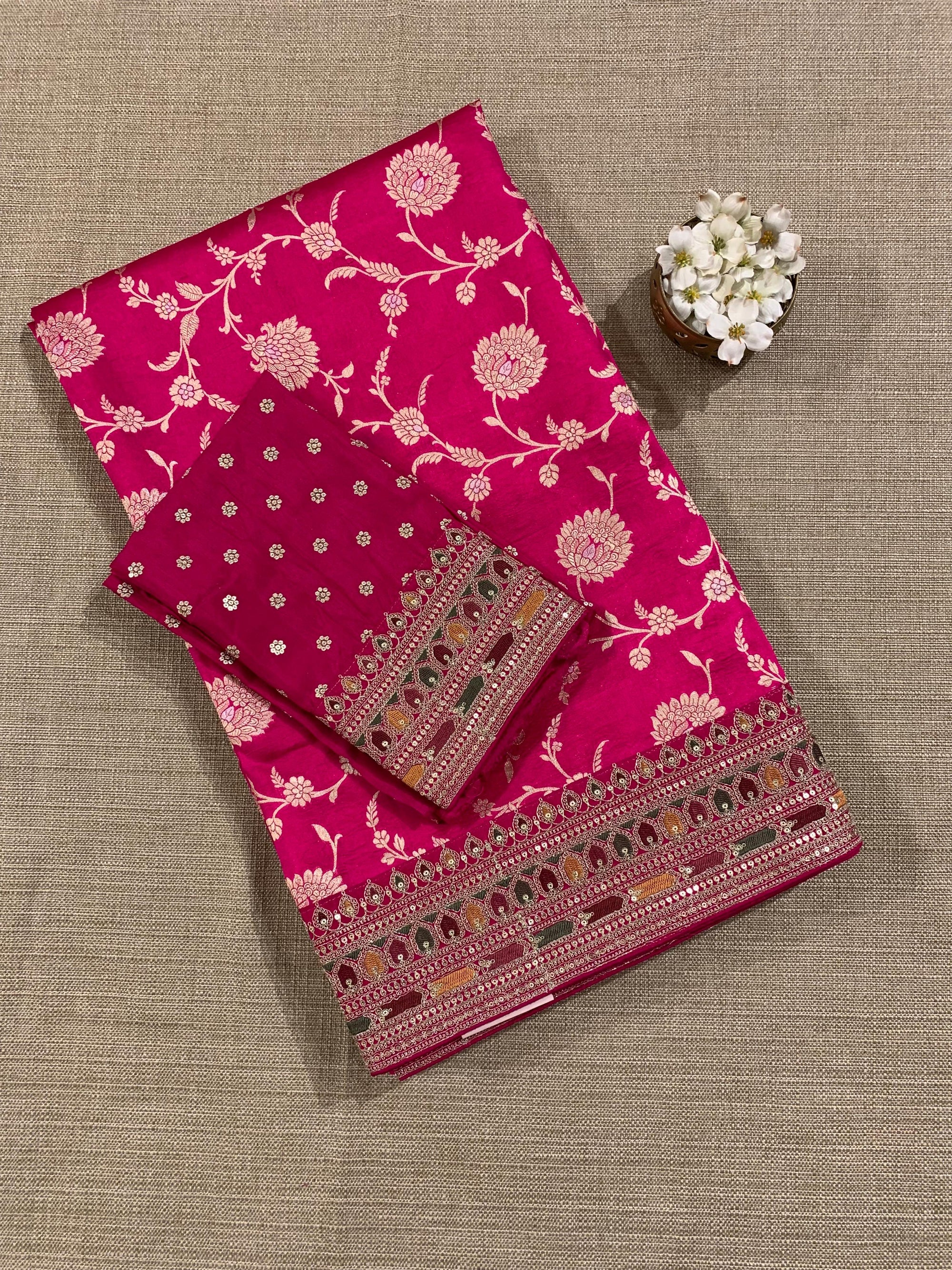 Fushcia Pink Pure Handloom Banarasi Silk Saree With Sabhyasachi Borders & Blouse