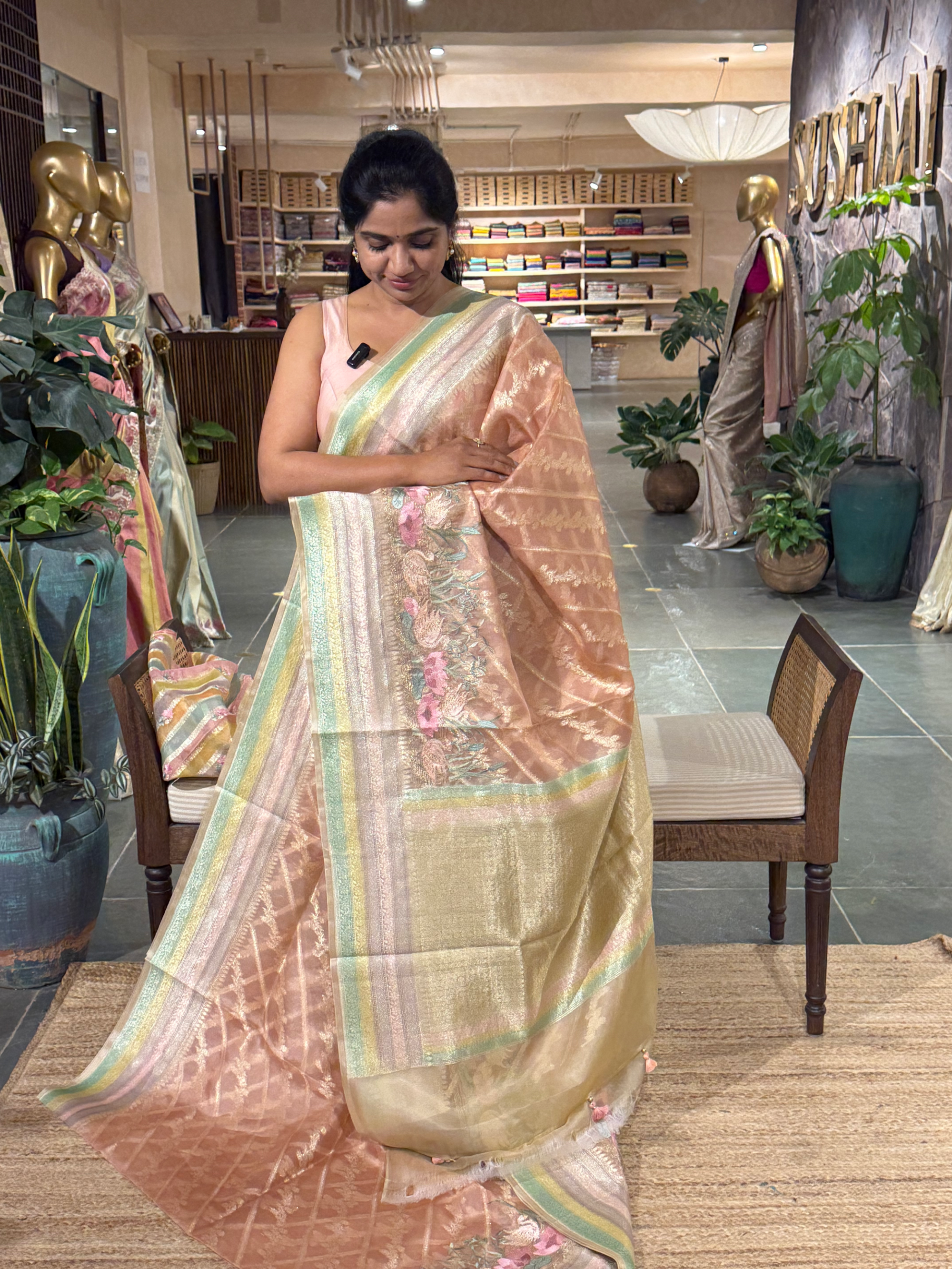 Pure Handloom Kora Banarasi with rangkaat and embroidered borders and blouse.