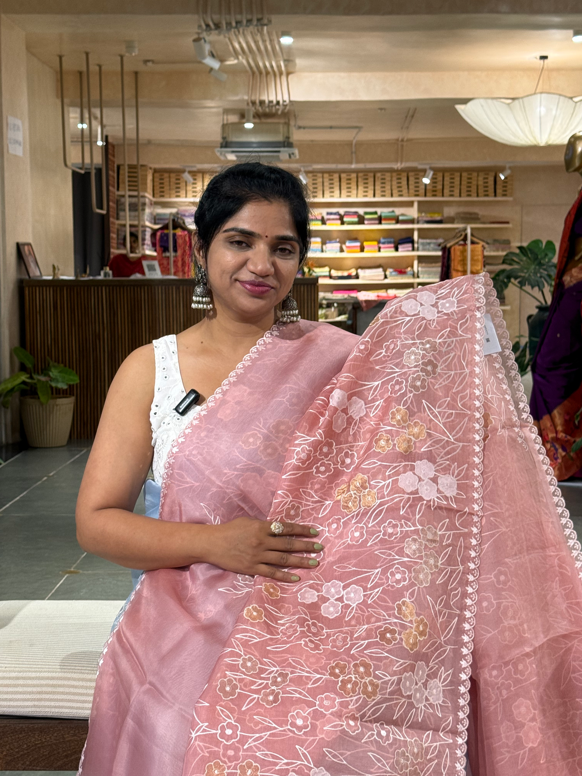 Peach Pink Organza Applique work Saree