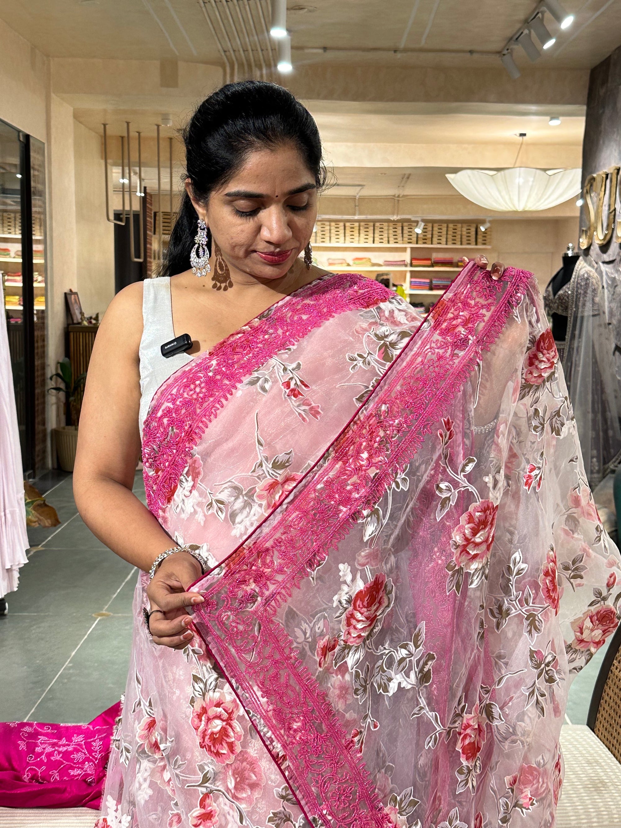 Glass Organza Floral printed Saree with heavy beadwork border and blouse